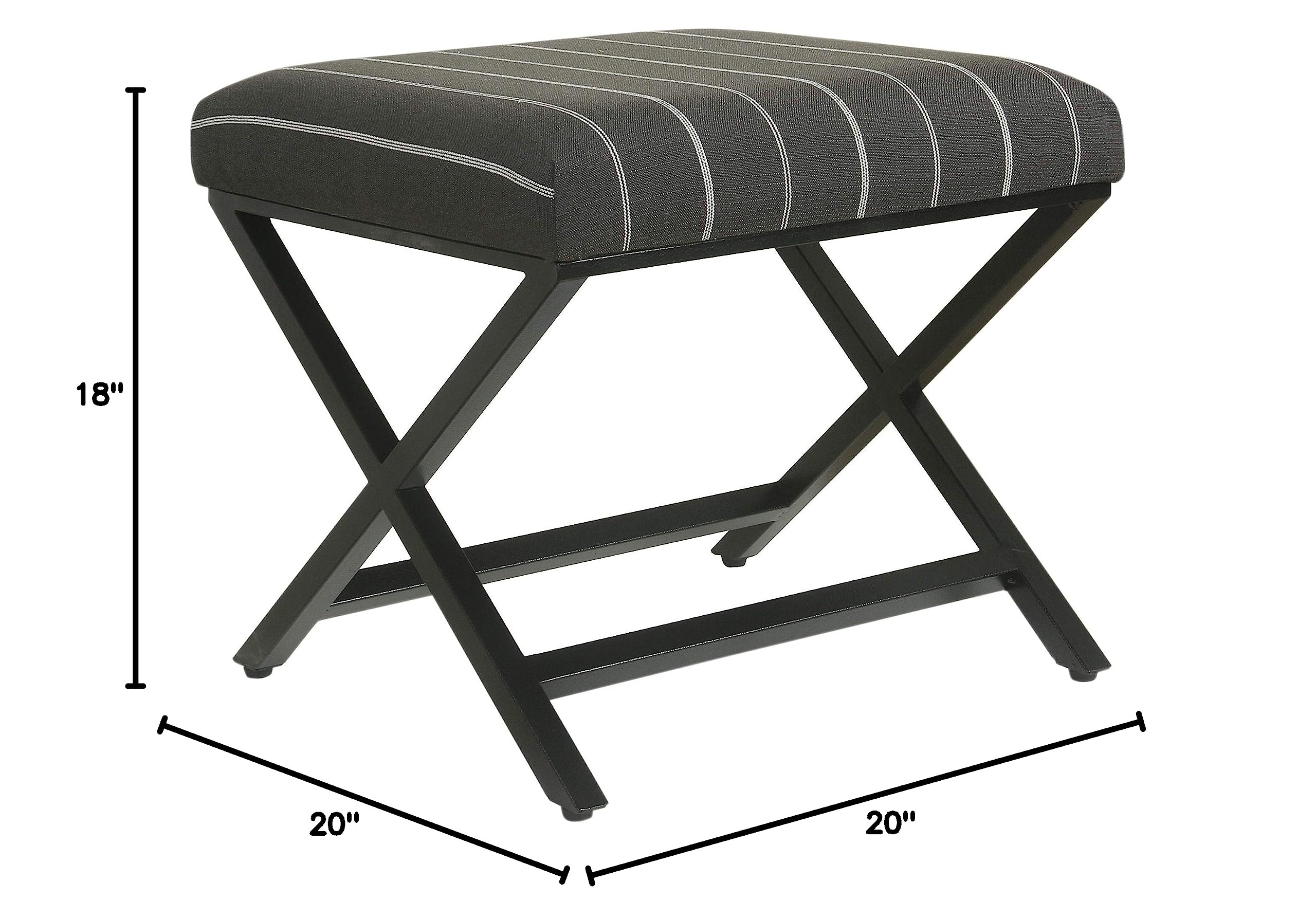 Benjara Vertical Stripe Pattern Fabric Upholstered Ottoman with X-Shaped Metal Legs in Gray & Black - Perfect for Living Room, Bedroom or Office Footrest & Extra Seating