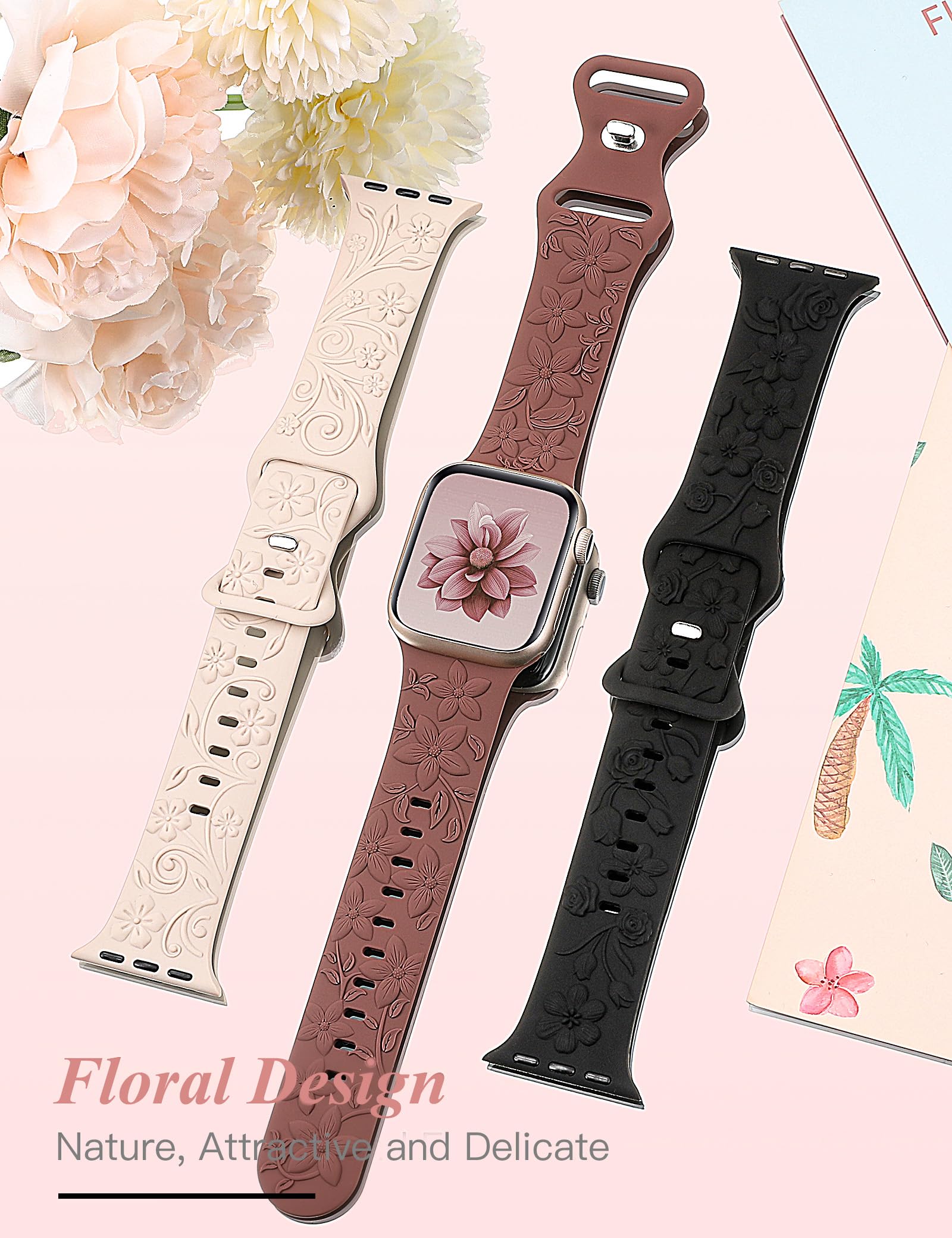 TOYOUTHS 3 Pack Floral Engraved Apple Watch Bands for Women - Soft Silicone Bracelet Compatible with iWatch Series SE/9/8/7/6/5/4/3/2/1 (38mm/40mm/41mm/42mm) - Cute Embossed Flower Design in Starlight/Violet/Black - Perfect for Workout, Daily Wear & Fashion Accessories