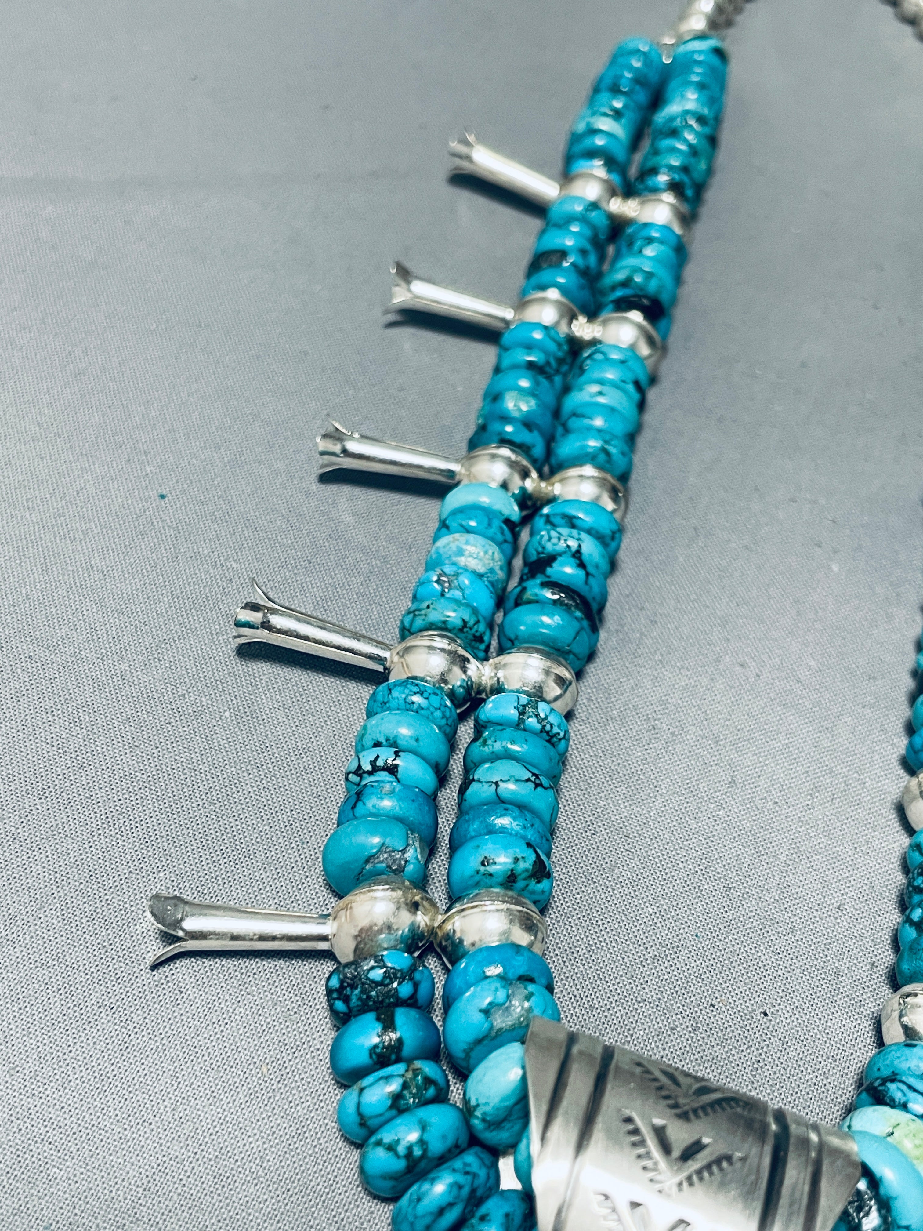 202 Gram Authentic Native American Navajo Turquoise Sterling Silver Squash Blossom Necklace - Handcrafted Jewelry for Women, Boho Fashion & Special Occasions
