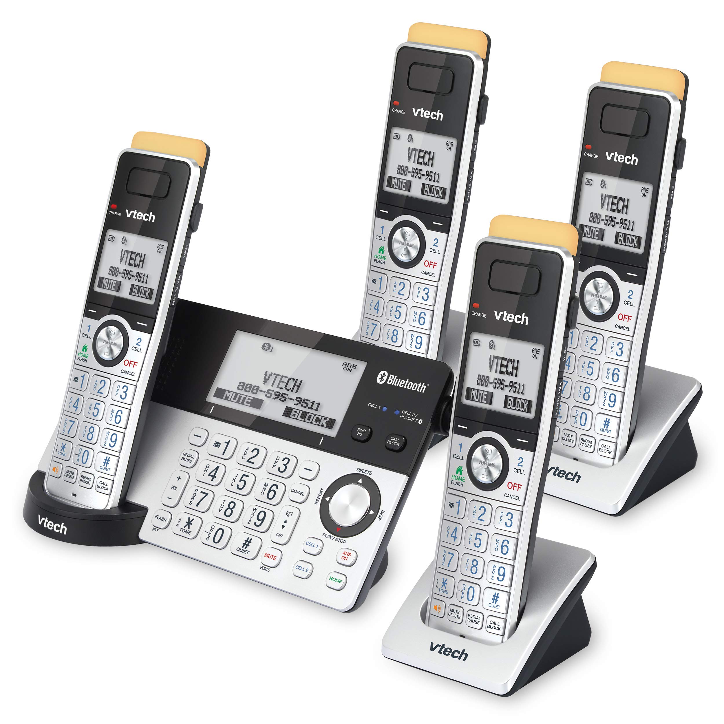 VTech IS8151-4 Super Long Range 4 Handset Cordless Phone System with Answering Machine - 2300 ft Wireless Range, Call Blocking, Bluetooth Connectivity, Headset Jack & Power Backup - Expandable to 12 Handsets (Silver/Black) for Home Office & Large Houses