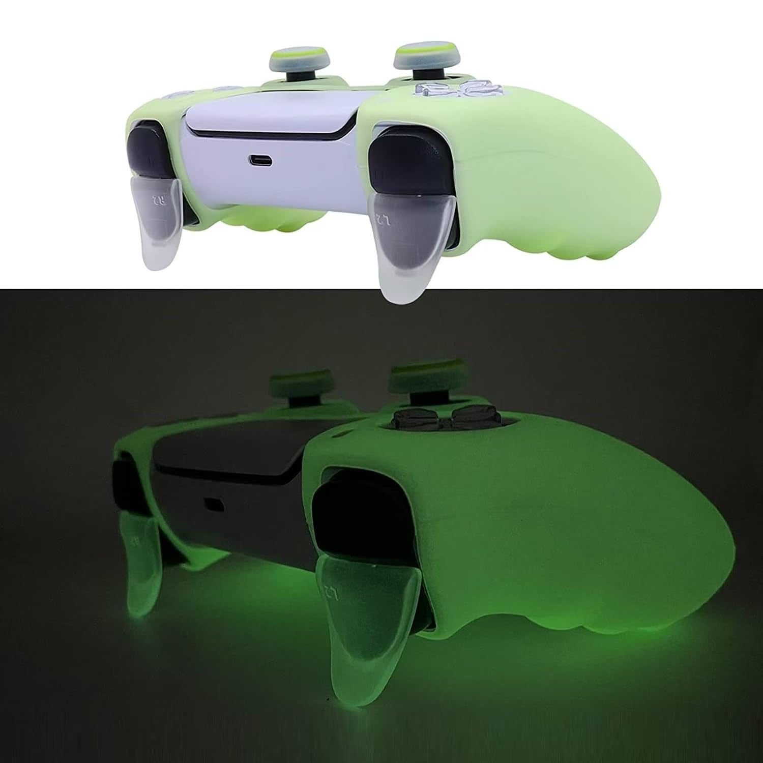 Glow in The Dark Anti-Slip Silicone Cover & Thumb Grips for PS5 Controller - 8 PCS Thumb Grips & 2 Grip Caps - Enhanced Grip for Gaming in Low Light