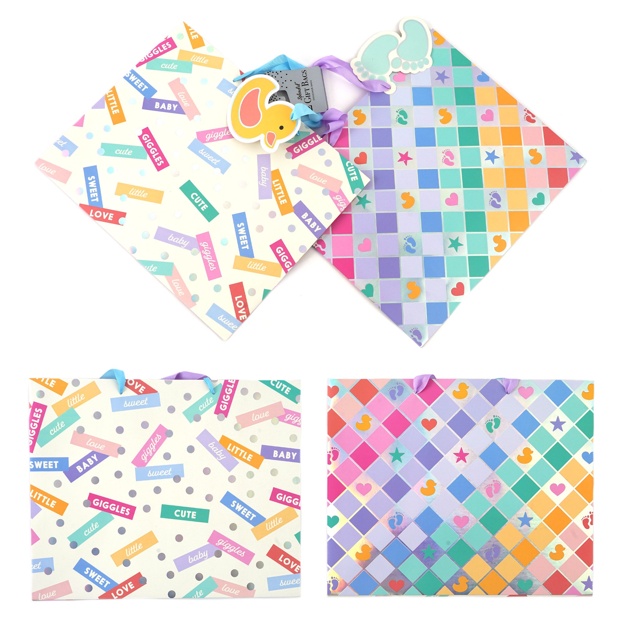 2-Pack Horizontal Baby Shower Gift Bags with Checks & Confetti Print - Hot Stamp & Holographic Designs - Perfect for Baby Showers, Birthday Parties & Special Occasions