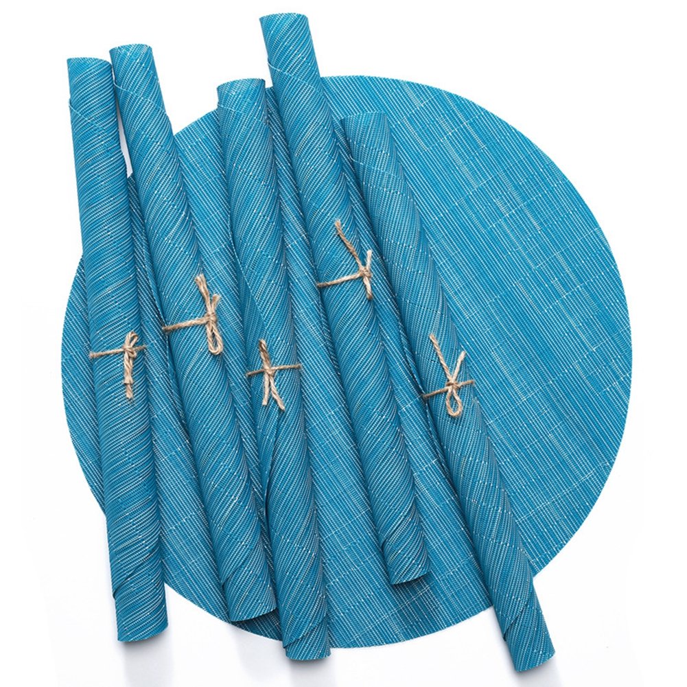 Round Woven Placemats Set of 6 - 13.8 Inch Washable Non-Slip Table Mats for Dining, Christmas Decor, Wedding & Party - Blue Home Decor Accessories