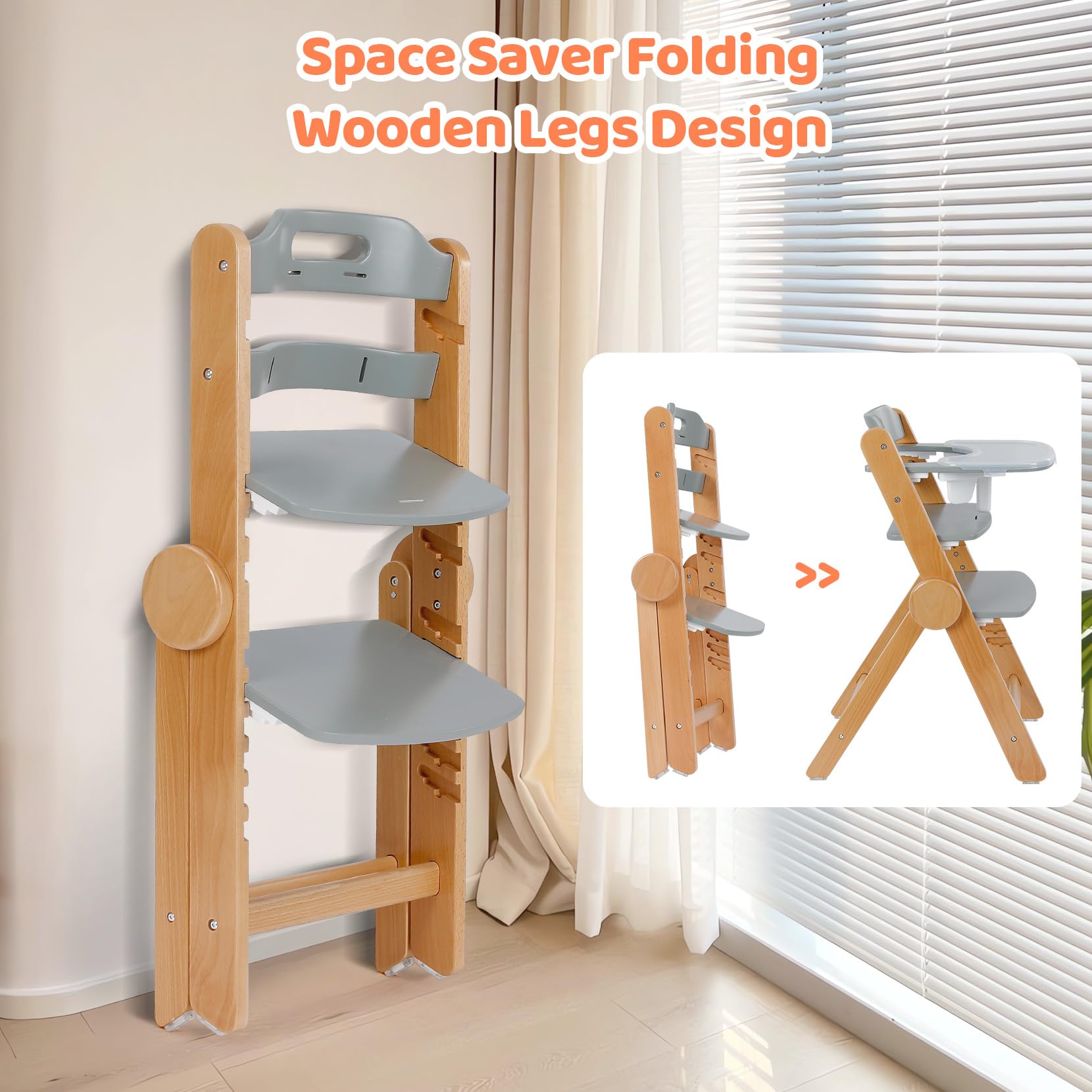 Ezebaby Adjustable Wooden High Chair for Babies & Toddlers - Foldable, Grow with Your Child Design, 3-Position Seat & Footrest, Removable Cushion & Double-Layer Tray (Grey) - Perfect for Dining, Feeding & Playtime at Home or Restaurant