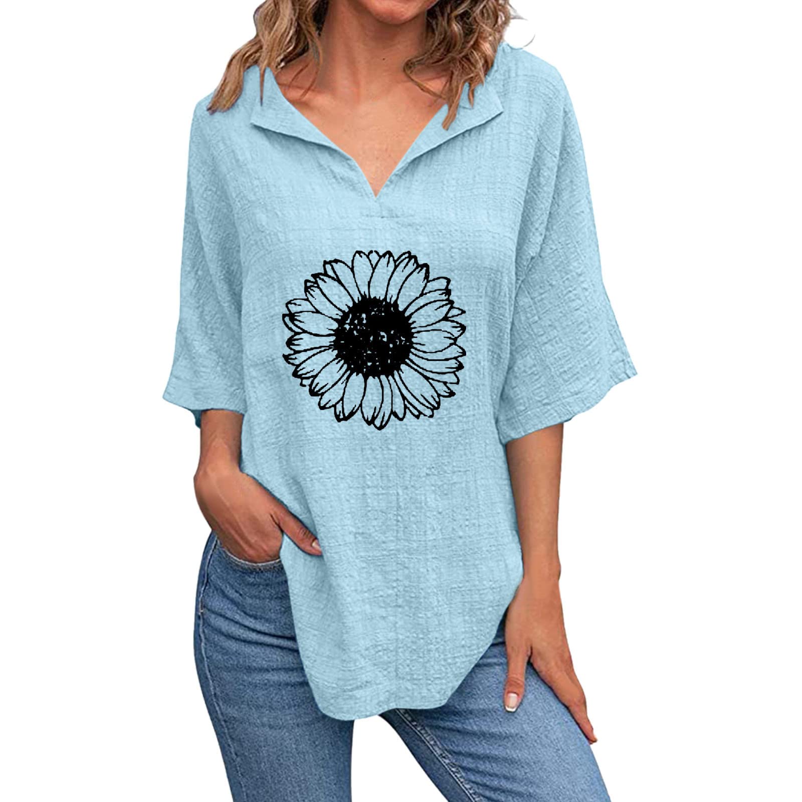 Women's Sunflower Printed V-Neck Short Sleeve Cotton Linen T-Shirt Blouse - Casual Summer Top for Teens & Girls - Perfect for Beach Outings, Picnics, and Everyday Wear