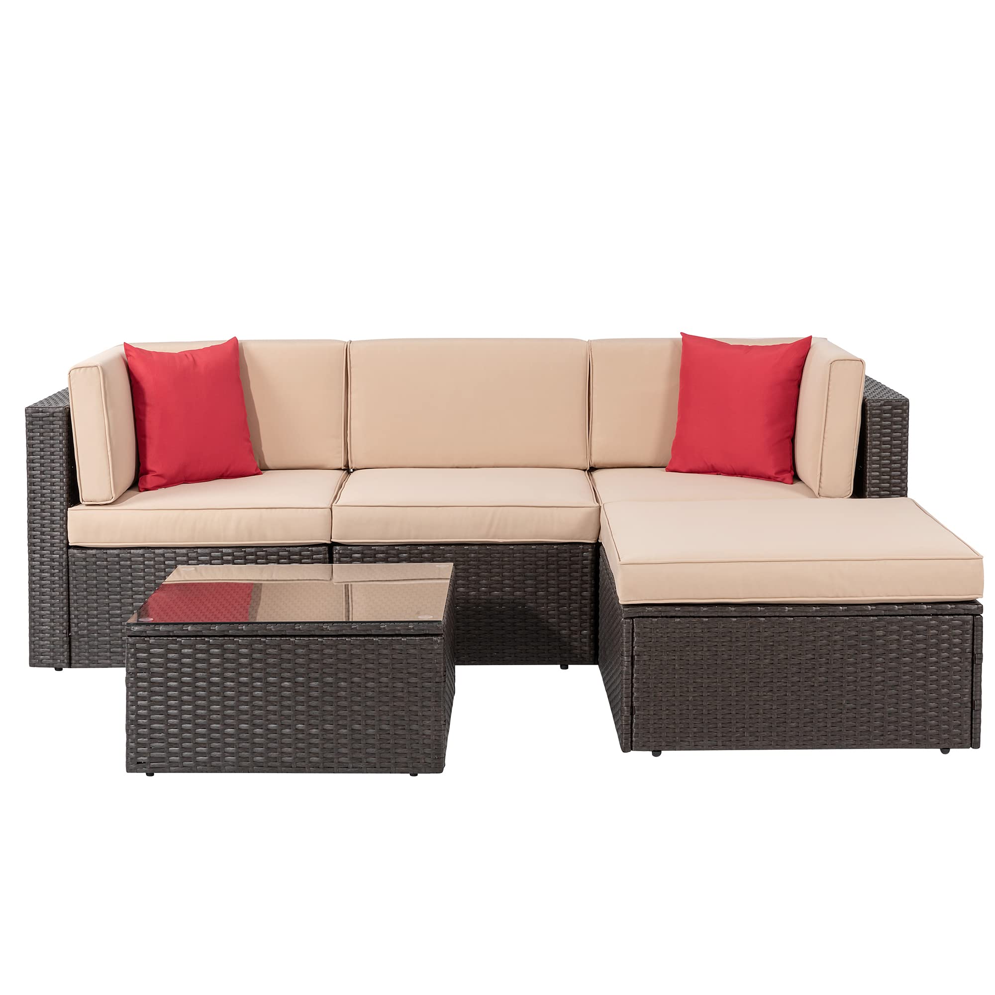 **Shintenchi 5-Piece All-Weather Outdoor Patio Furniture Set - PE Rattan Wicker Sectional Sofa with Glass Table, Ottoman, Cushions & Red Pillows - Perfect for Backyard, Garden, and Poolside Relaxation**