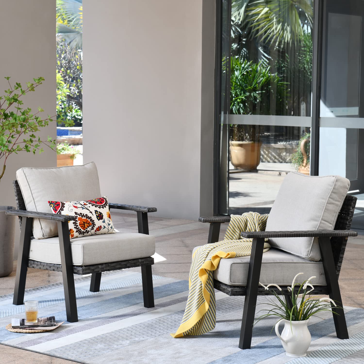 **Ovios Patio Chairs Set of 2 - All-Weather Wicker Rattan Outdoor Chairs with Comfortable Cushions, High Back Single Sofa for Porch, Garden, Backyard, Deck - Beige - Perfect for Relaxing, Lounging, and Entertaining Guests**
