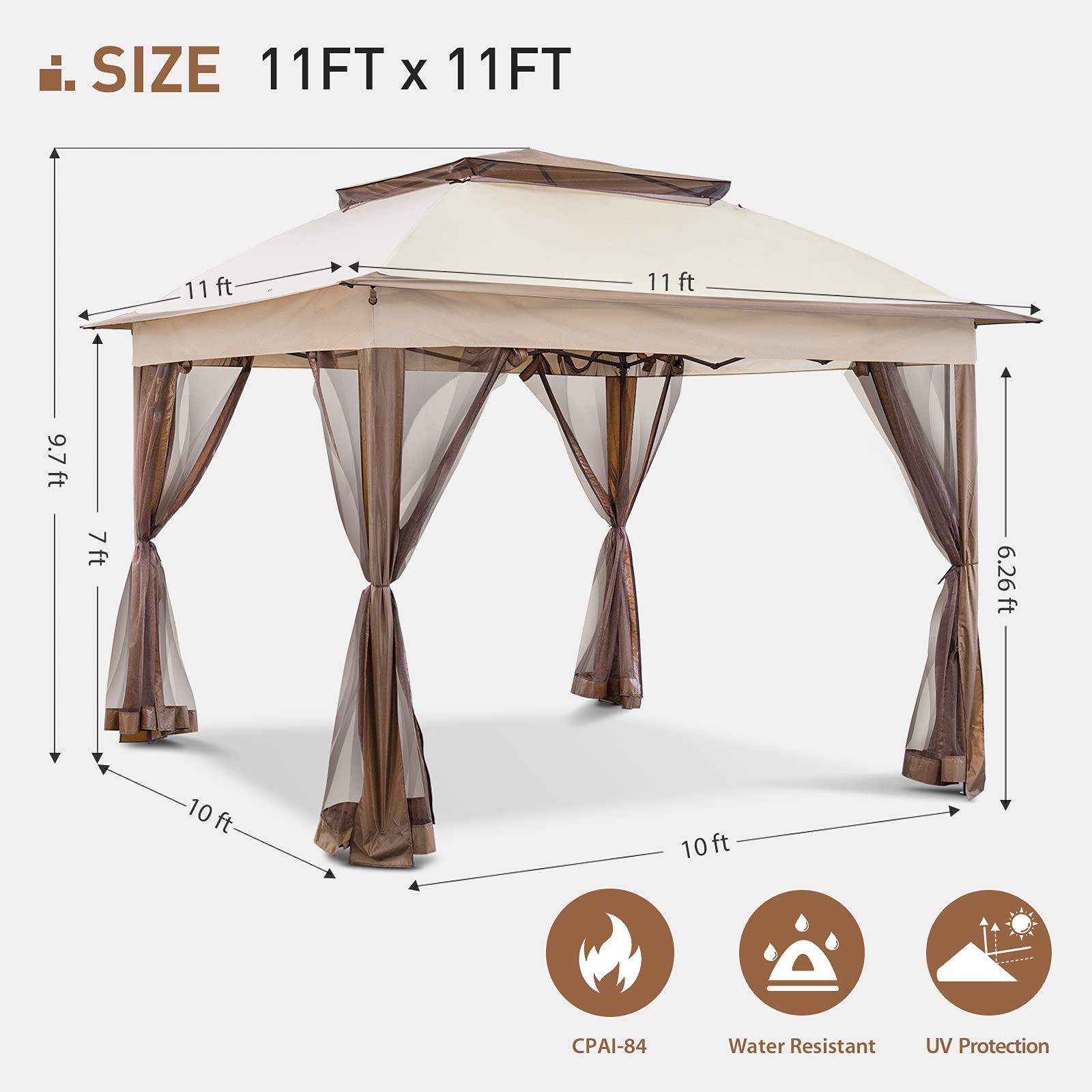 Joyside 11'x11' Pop Up Gazebo Canopy Tent with Mosquito Netting & Sidewalls - Waterproof Outdoor Shelter for Patio, Backyard, Camping, Picnics, and Weddings (Beige)