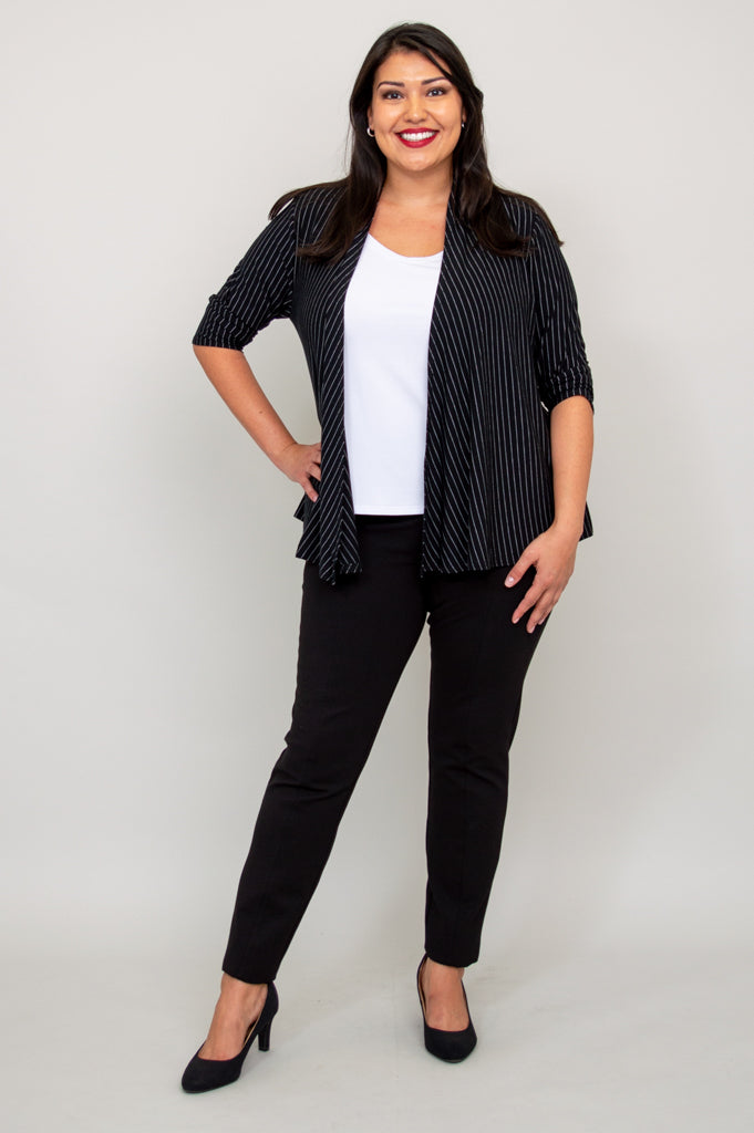 Kathy Jacket Women's Lightweight Blazer - Black & White Pin Stripe Bamboo Fabric - Perfect for Office Wear, Business Meetings & Professional Outfits