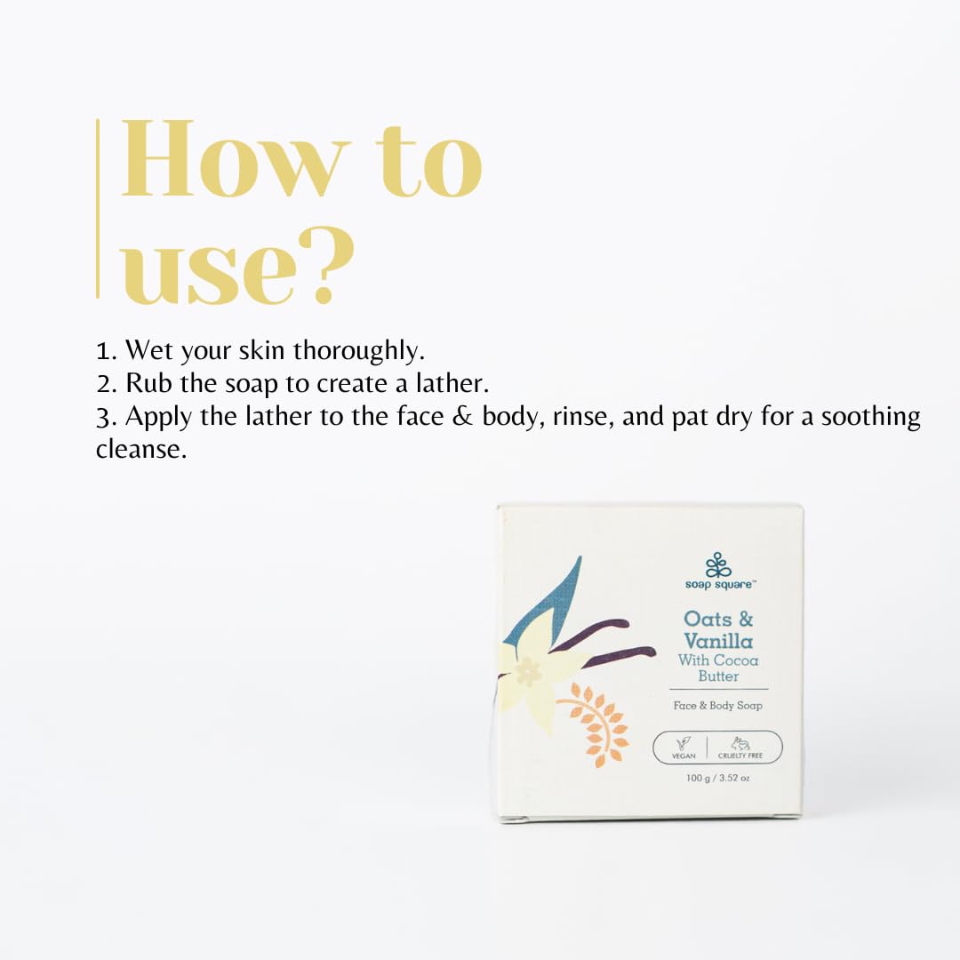 SOAP SQUARE Oats & Vanilla with Cocoa Butter Soap Bar - SLS Free, Paraben Free, Cruelty-Free Vegan Soap - Handcrafted in India - Freshly Made 100g - Perfect for Gifting, Customized Presents & Daily Skincare Routine