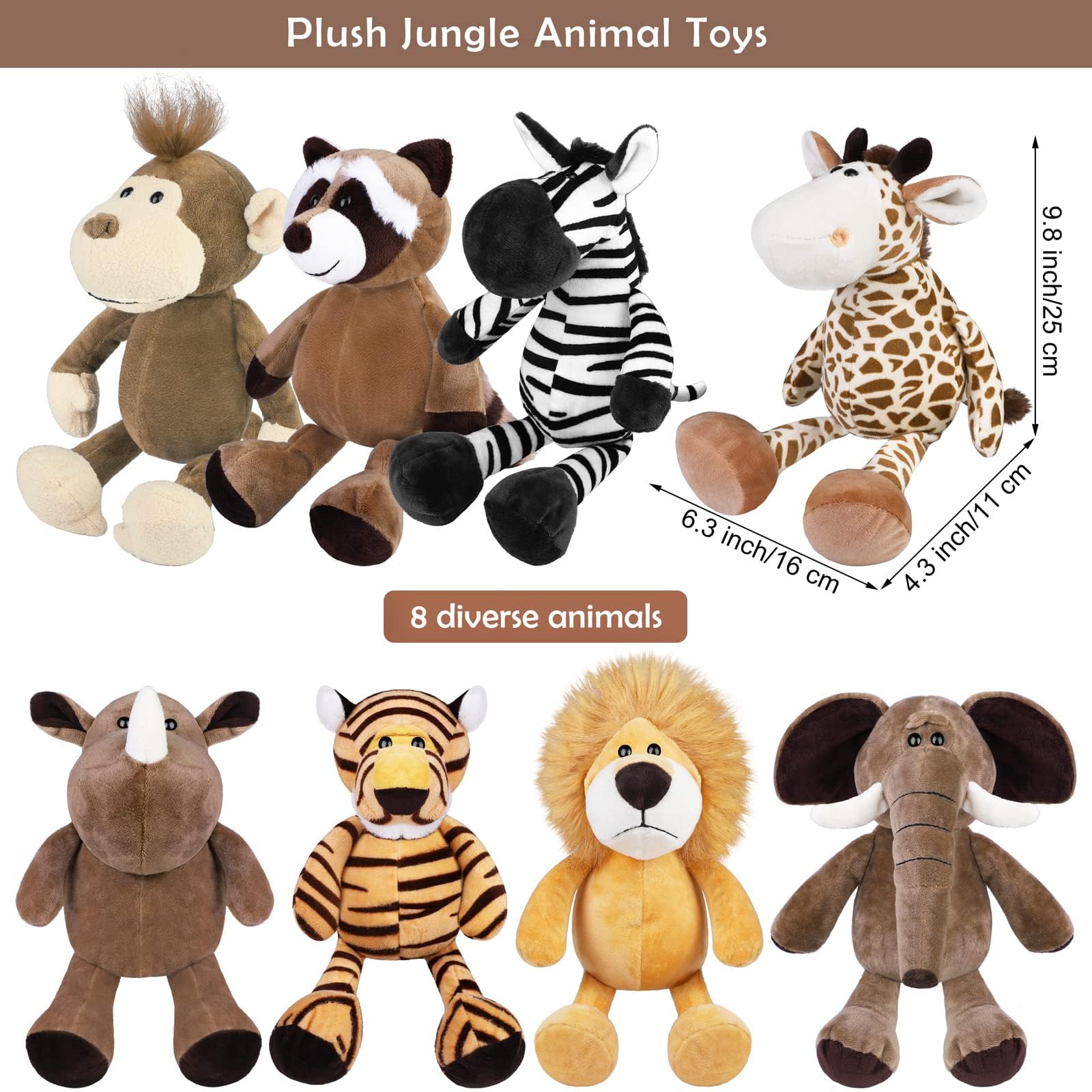 Elcoho 8-Piece Safari Plush Animal Set - 9.8 Inch Jungle Stuffed Toys for Kids, Zoo Animals Collection, Cute Soft Plushies for Animal Themed Parties, Teacher Awards & Student Gifts | Perfect for Birthday Presents, Nursery Decor, and Educational Playtime