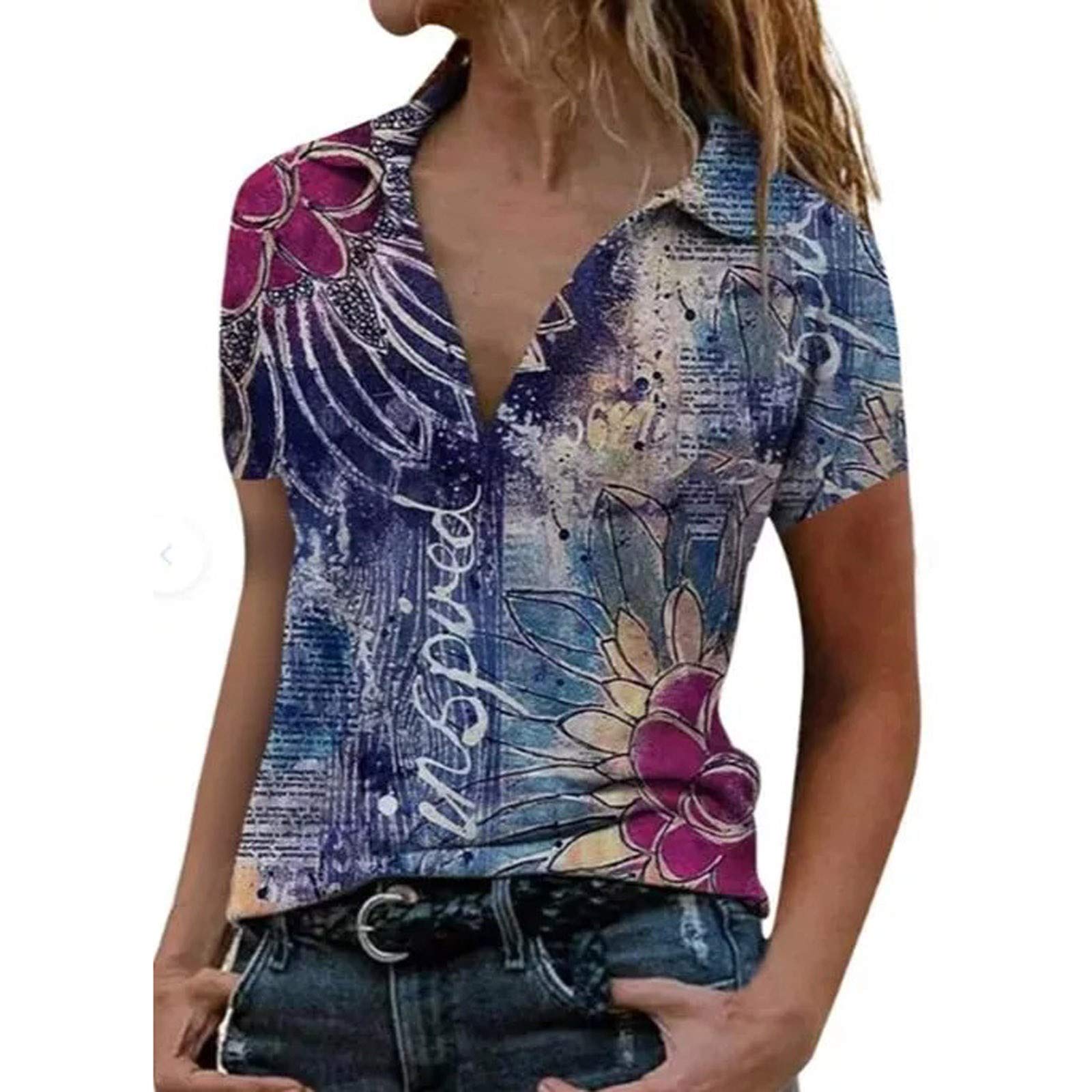 FMCHICO Women's Summer Tops - Floral Print Short Sleeve V-Neck Blouse, Comfortable Loose Fit Casual Shirt for Women | Perfect for Beach, Vacation & Everyday Wear
