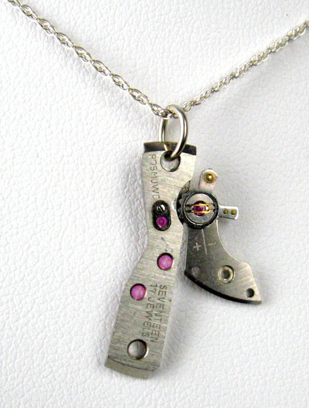 Vintage Steampunk Necklace with Waltham Watch Parts, Rubies & Sterling Silver Chain - 1970s Upcycled Jewelry for Gothic, Boho & Retro Fashion Lovers