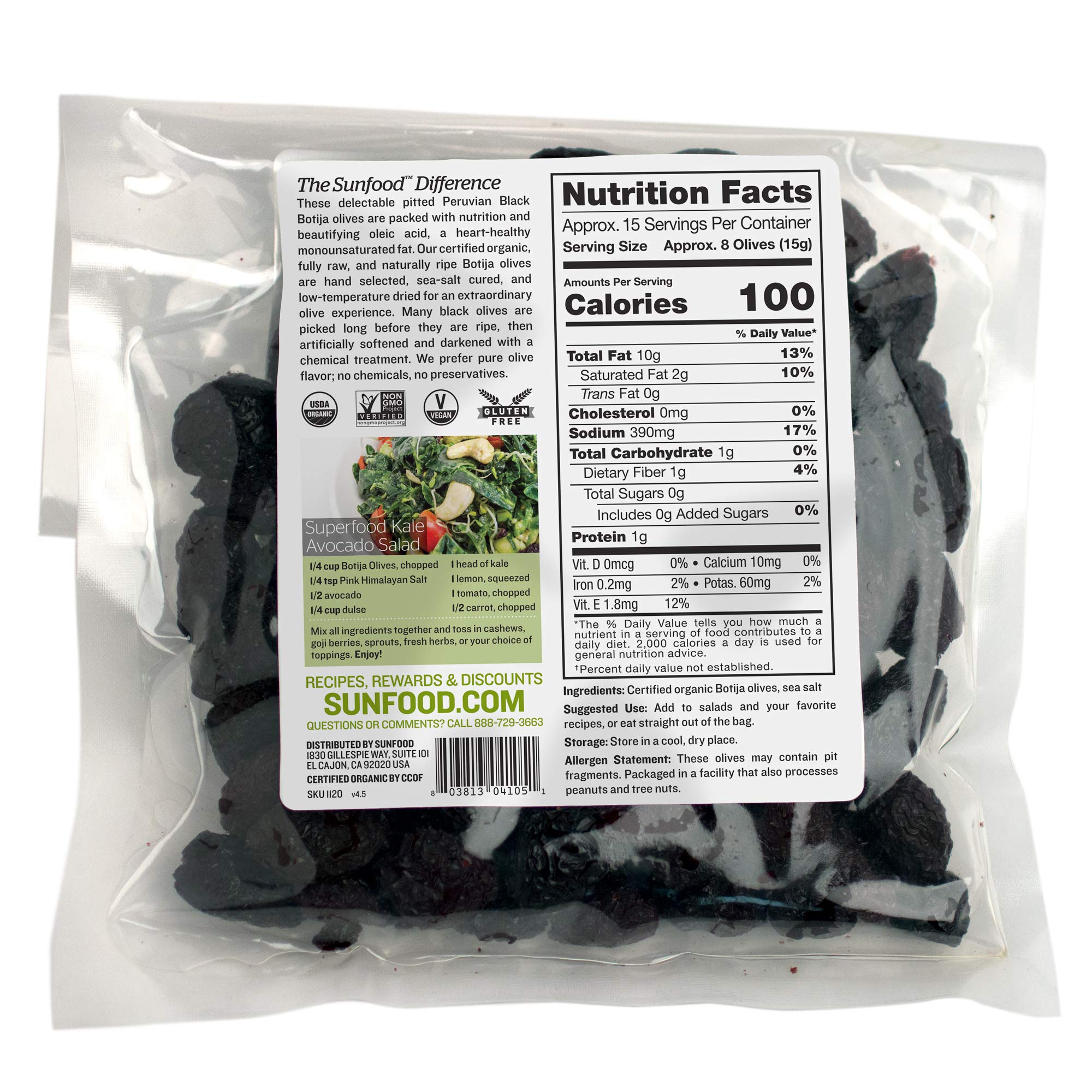 Organic Sunfood Black Botija Pitted Olives - 8 Ounces | Raw, Non-GMO | Perfect for Salads, Charcuterie Boards & Mediterranean Recipes