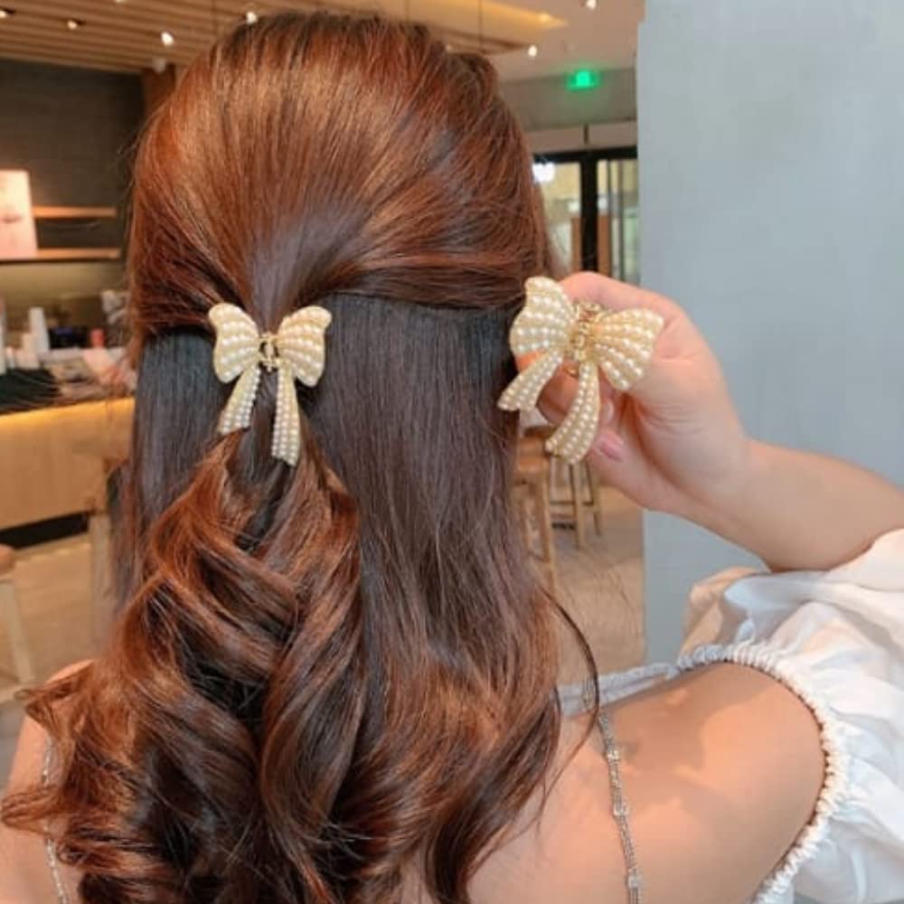 RSJ TRADERS - 1 Piece Pearl Hair Claw Clip with Bow for Women & Girls, Metal Hair Clutch Accessory for Ponytail, Bun & Updo Hairstyles | Elegant Hair Clips for Parties, Weddings & Daily Wear