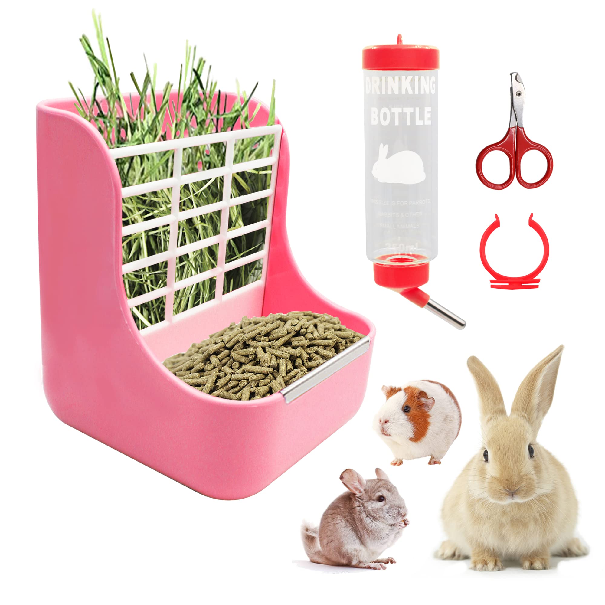 3-in-1 Guinea Pig Hay Feeder, Water Bottle & Nail Scissors Set - 250ml No Drip Small Animal Feeding Kit for Rabbits, Bunnies, Chinchillas & Guinea Pigs - Perfect for Cage Accessories & Pet Grooming (Pink)