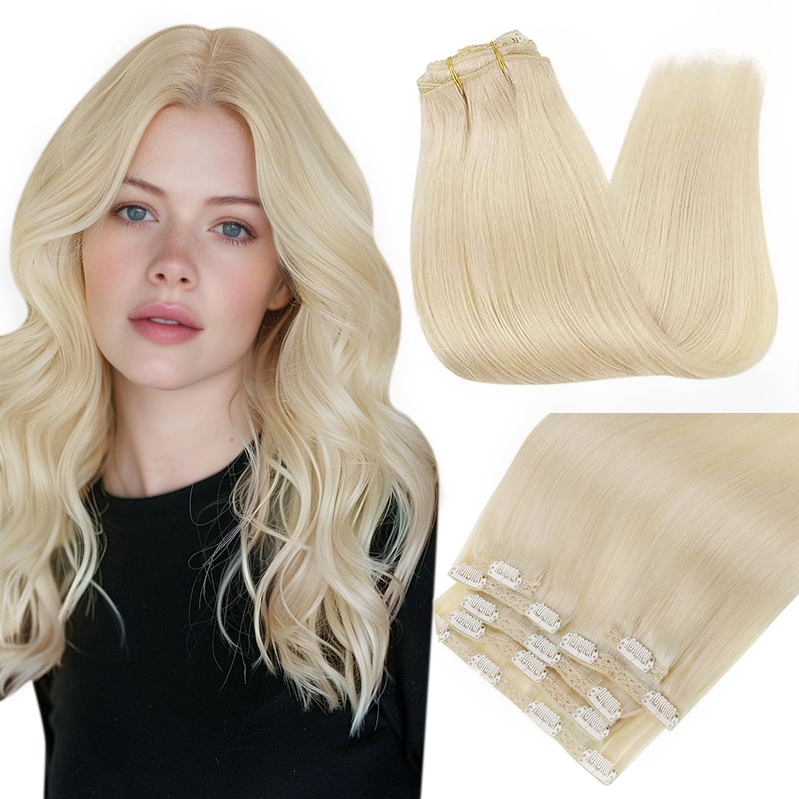 RUNATURE Clip in Hair Extensions 18 Inch - 7pcs 120g Real Human Remy Hair, Platinum Blonde, Double Weft Thick Hair Extensions for Women (Can Be Dyed) - Perfect for Parties, Weddings & Daily Styling