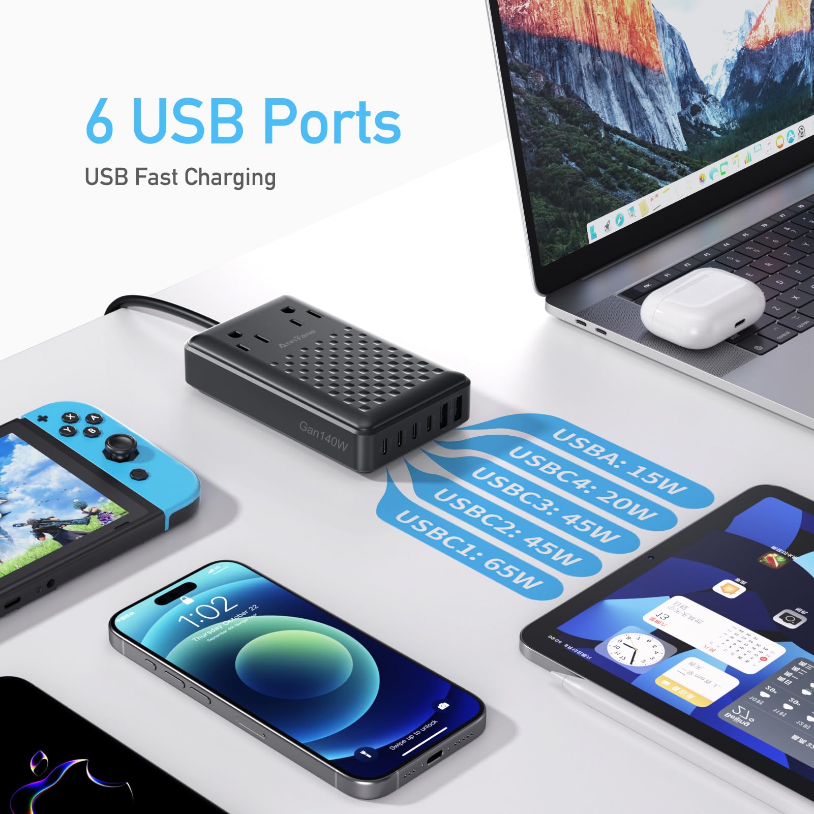 140W USB C Charging Station with GaN III Technology - 8-in-1 Fast Charger Hub, PD 65W Laptop Adapter for MacBook Air/Pro, iPhone 16/15, Galaxy S24 | Perfect for Home Office, Travel & Multi-Device Charging
