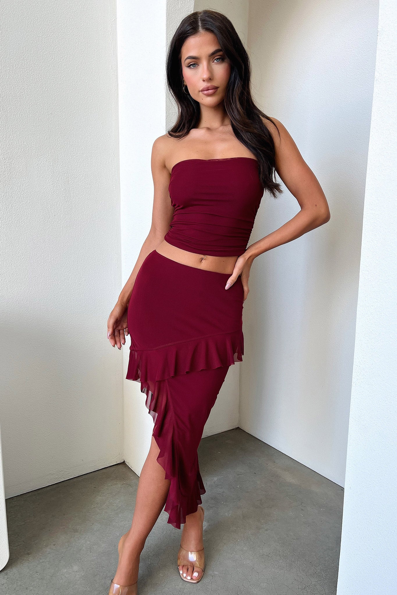Stylish Cardona Skirt in Deep Red - Elegant A-Line Midi Skirt for Women | Perfect for Office, Date Night & Special Occasions