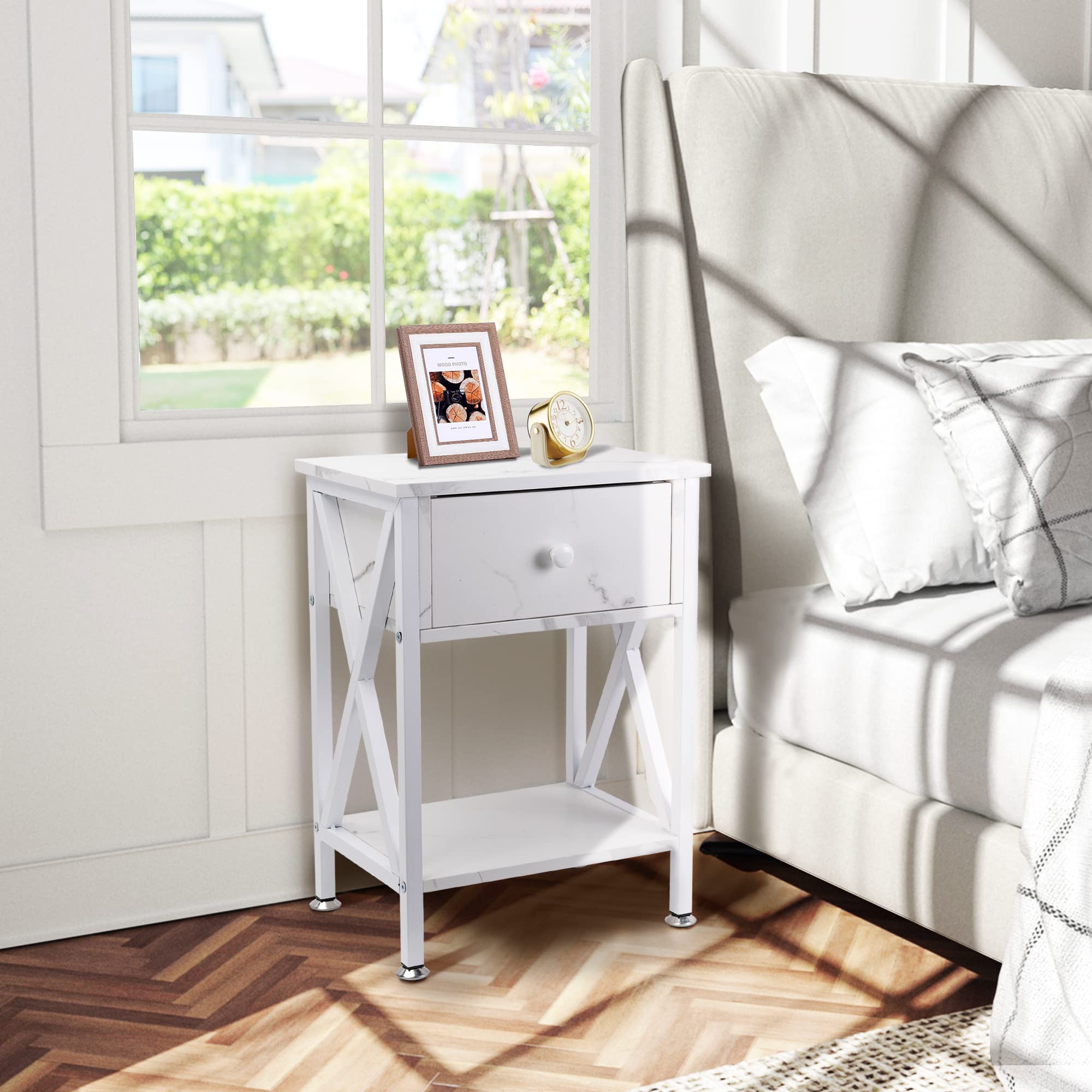 GOOD & GRACIOUS Multi-Function Nightstand with Drawer & Shelf - Narrow X-Shape Frame End Table for Bedroom, Living Room - Marble White | Perfect for Small Spaces, Bedside Storage & Modern Home Decor