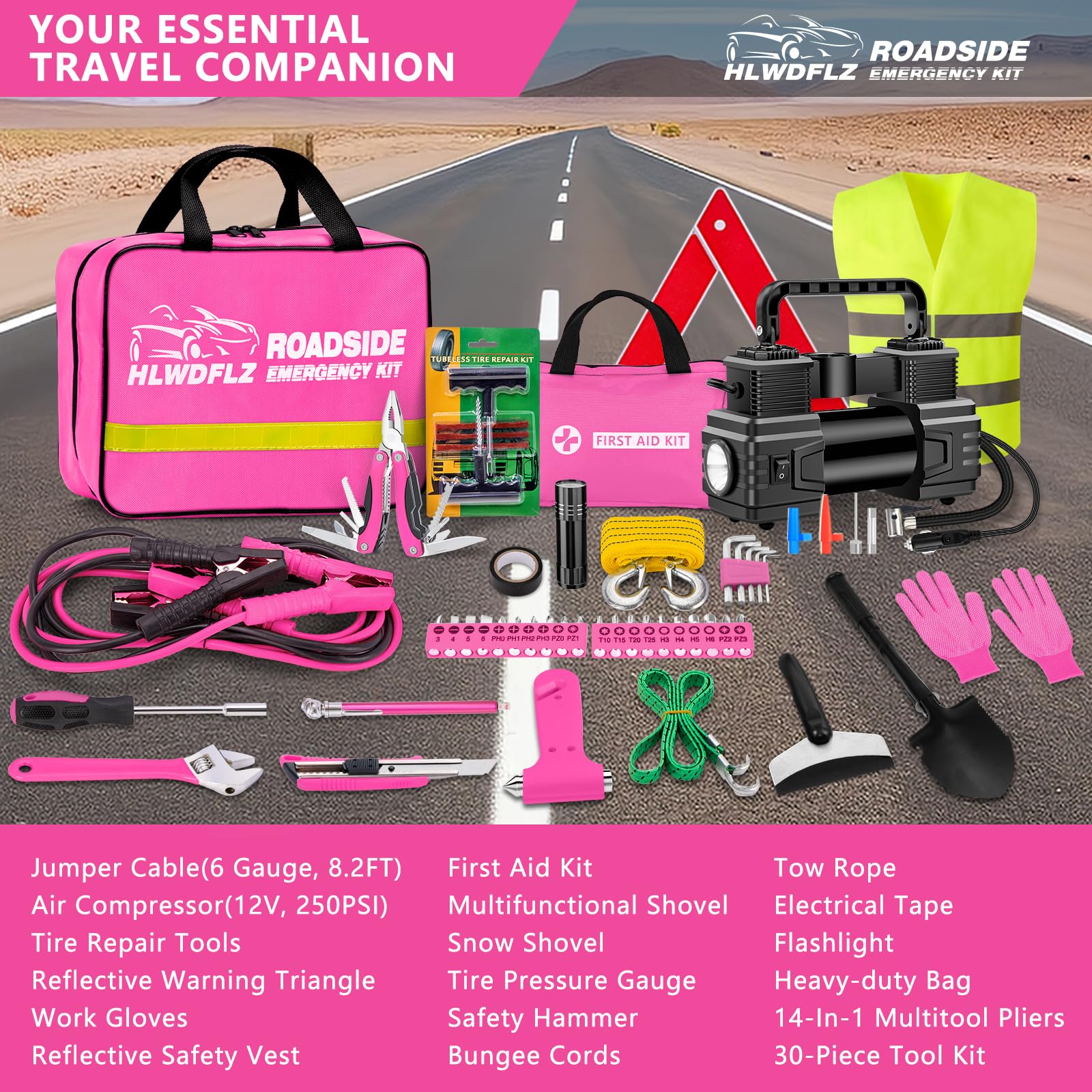 Portable Car Emergency Kit with Air Compressor - Roadside Assistance & Winter Travel Safety Kit for Cars, Trucks (Pink) | Essential for Road Trips, Winter Driving & Vehicle Emergencies