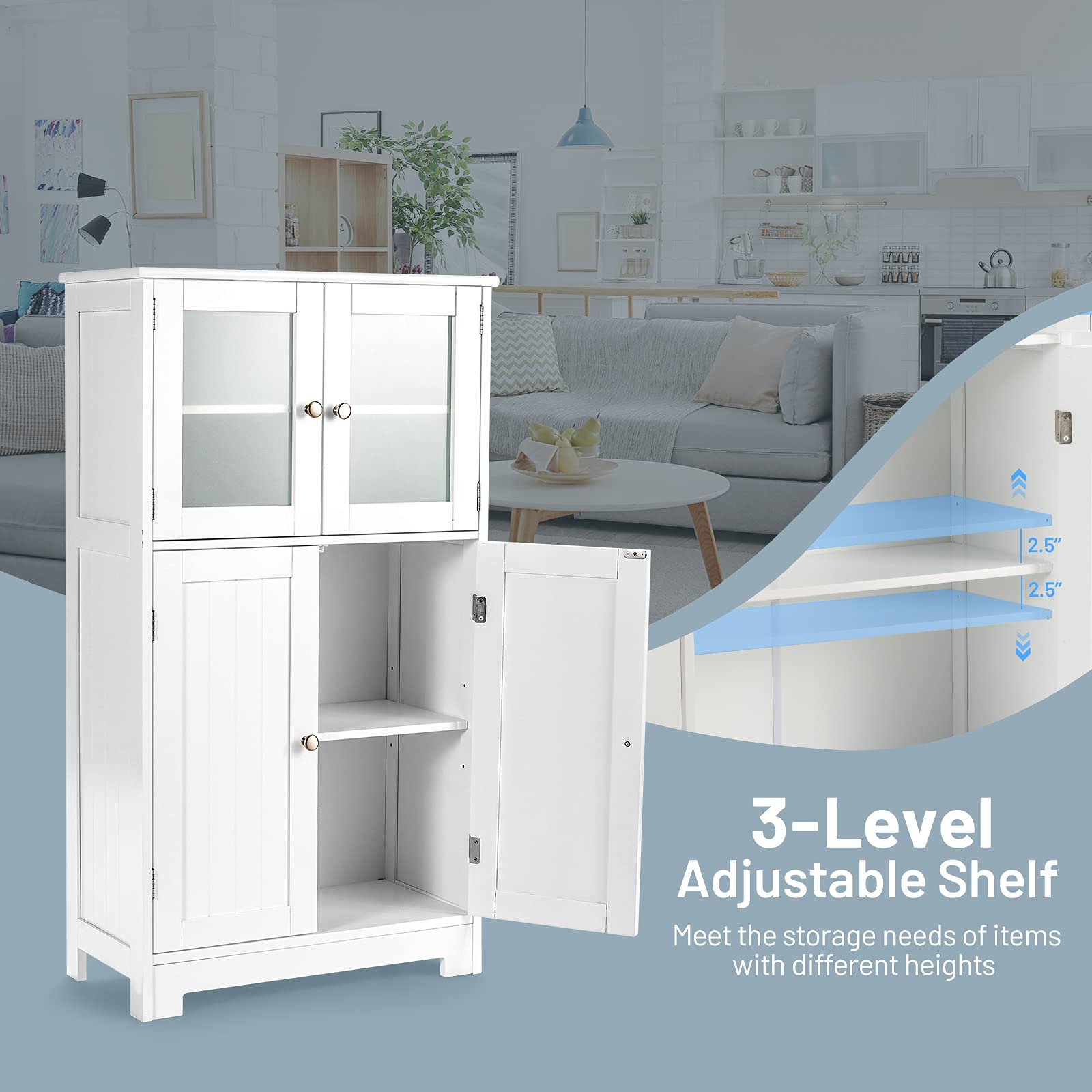 Tangkula Freestanding Bathroom Floor Cabinet with Glass Doors - Adjustable Shelf Wood Storage Cabinet for Bathroom, Kitchen, Hallway, Living Room & Office - Perfect for Organizing Towels, Toiletries & Home Decor (White)