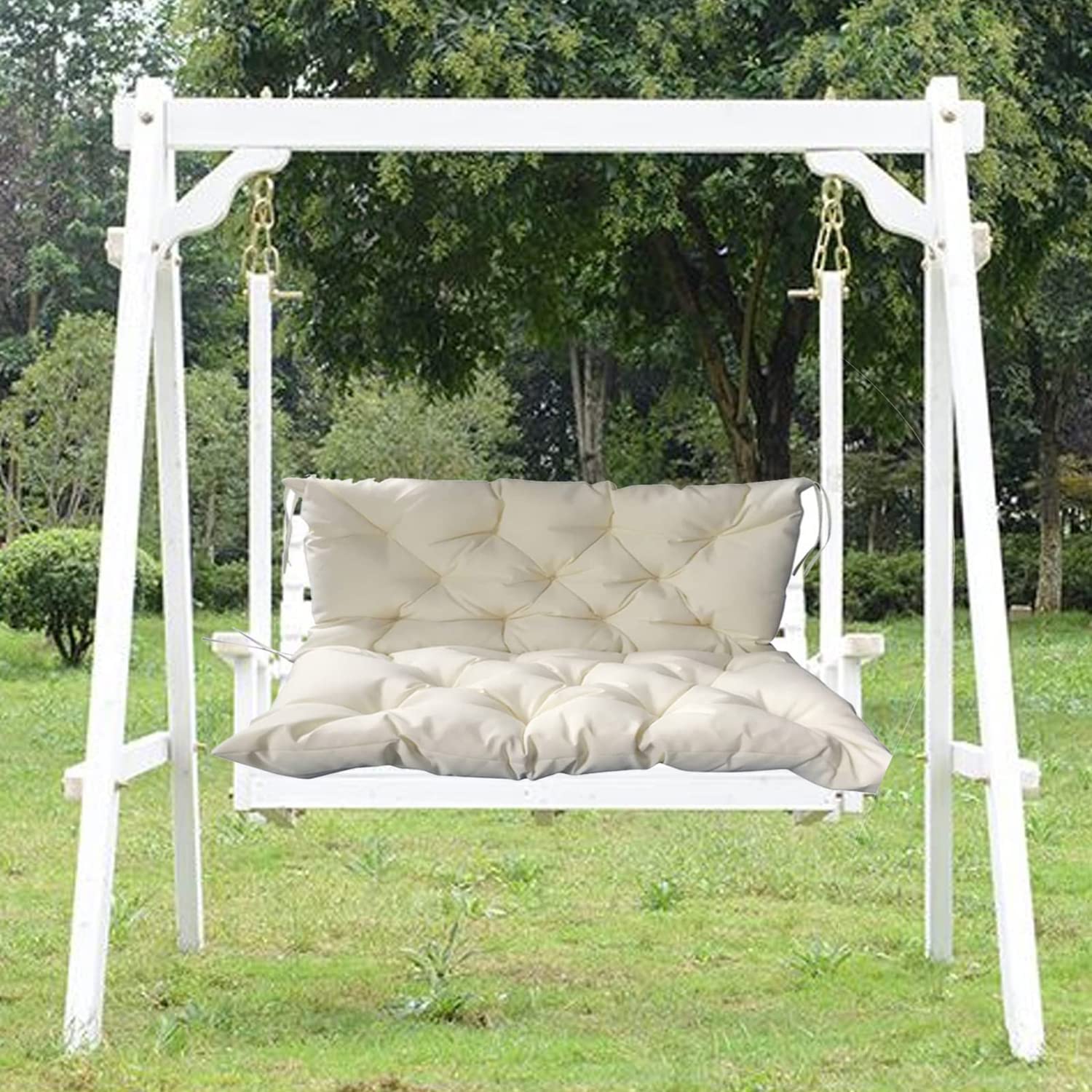 3-Seat Swing Replacement Cushions - Waterproof Outdoor Bench Cushions with Backrest & Ties, Non-Slip Patio Swing Cushions for Garden, Porch (Beige, 40x59 Inch) - Perfect for Relaxing on Your Deck or Backyard Swing