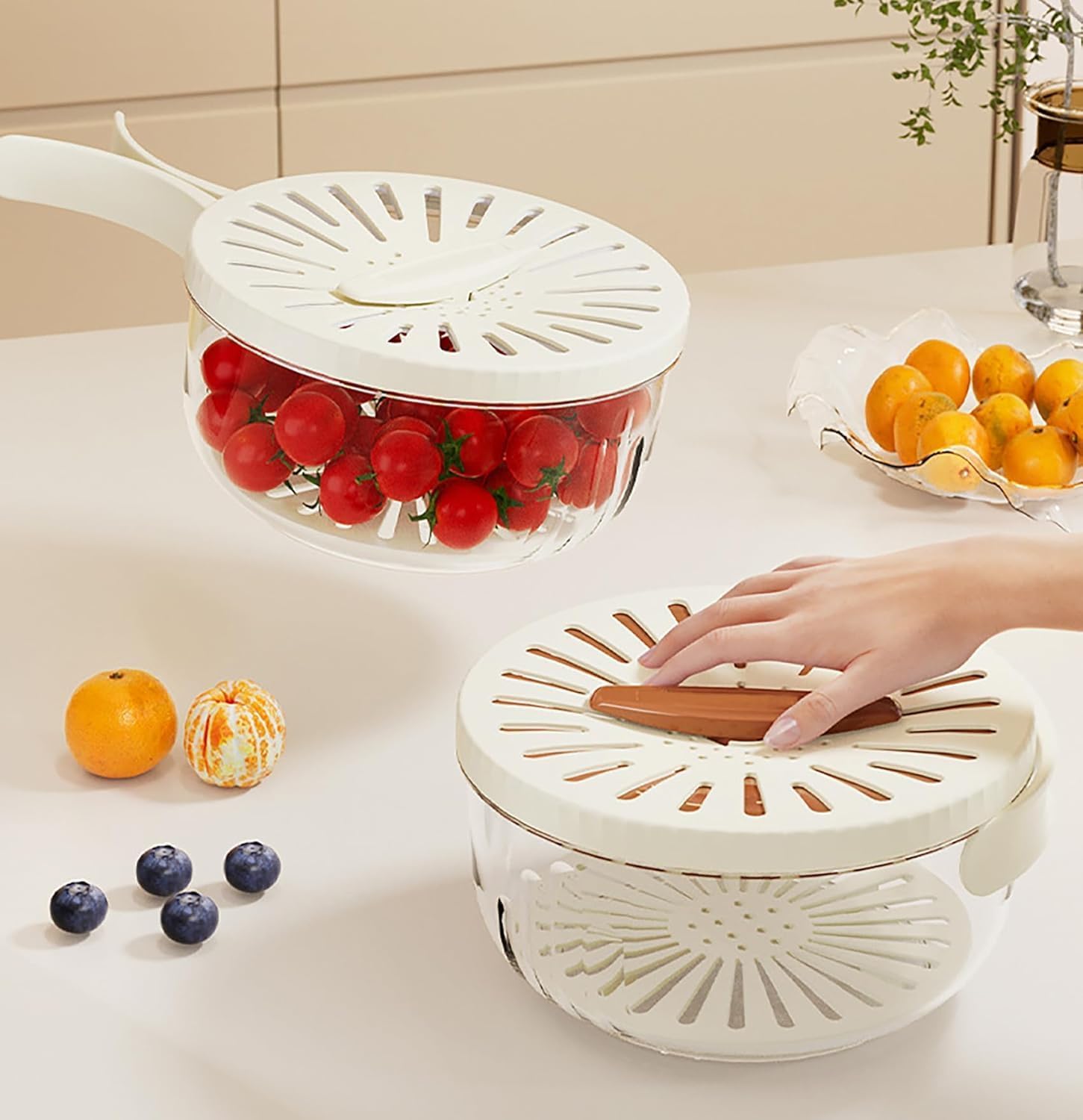Cuzykitchen 2-in-1 Fruit Washing Bowl with Strainer & Lid - Foldable Vegetable Drainer Container with Handle for Kitchen & Picnics (Brown, 1pc) - Perfect for Washing Berries, Salad Greens & Fresh Produce