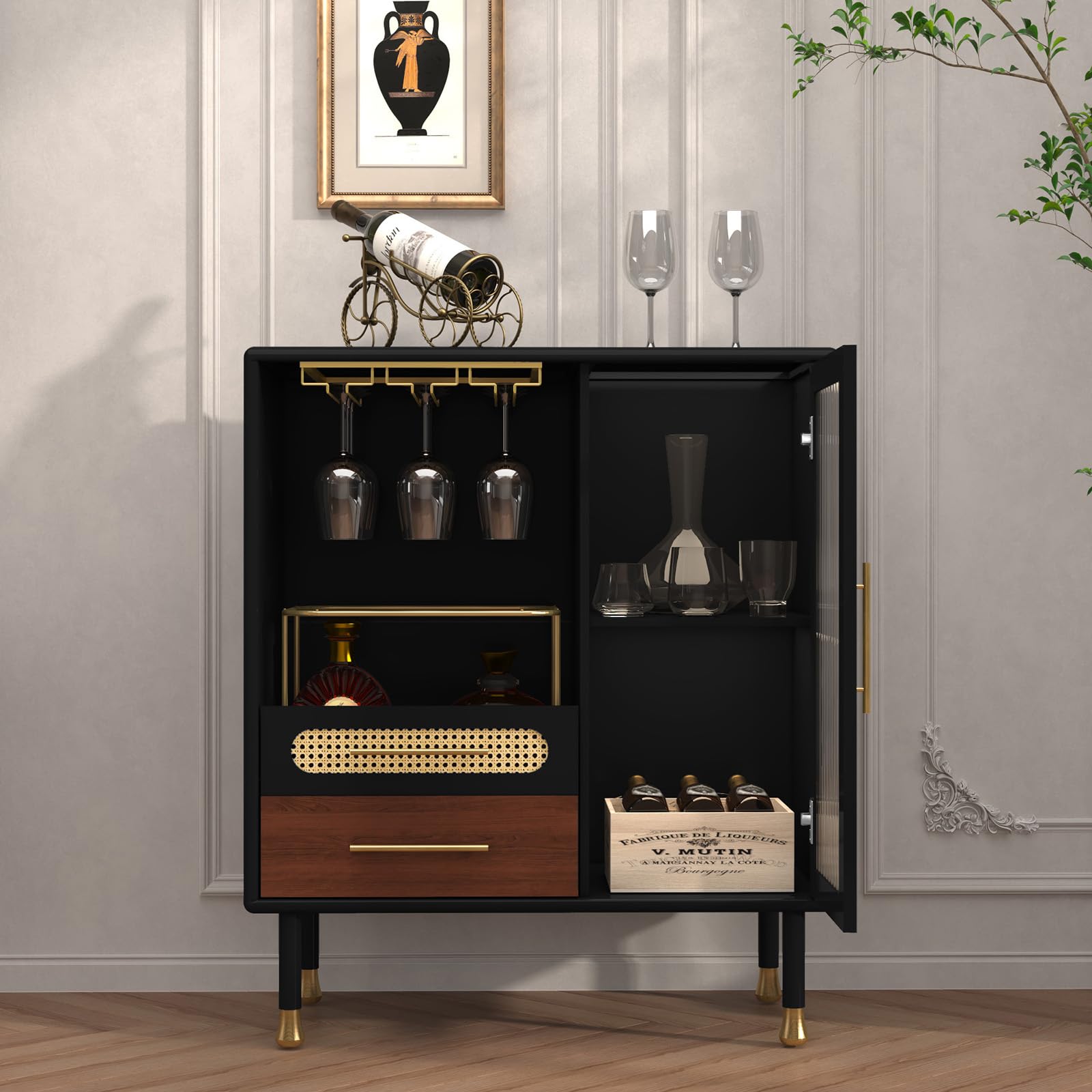 Modern Coffee Bar Cabinet with Wine Glass Rack & Storage Drawers - Black Kitchen Liquor Cabinet with Pull-Out Wine Rack for Dining Room, Living Room & Home Bar - Perfect for Entertaining Guests & Stylish Home Decor