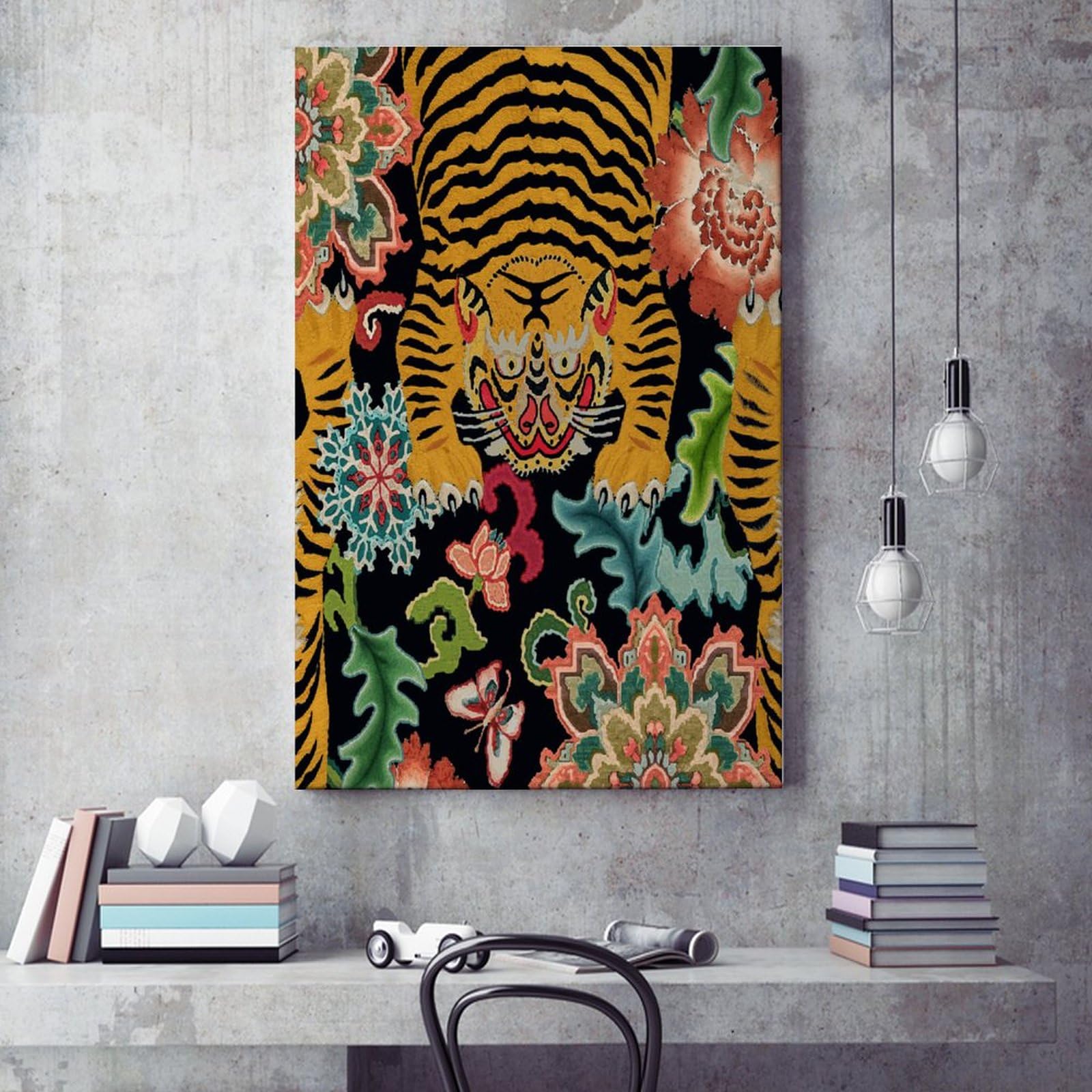 Vibrant Tiger & Chinoiserie Floral Canvas Wall Art - Asian Style Framed Print Decor for Living Room, Bedroom, Office - Ready to Hang 8x12 Inch - Perfect for Home Decor, Housewarming Gifts & Interior Design