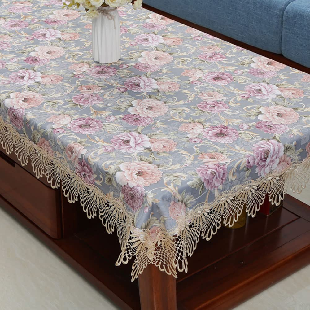 Luxury Floral Embroidered Tablecloth - European Style Lace Trim Coffee Table Cover 57x57 Inch Wrinkle-Free Fabric for Dining Room, Kitchen, Wedding & Home Decor