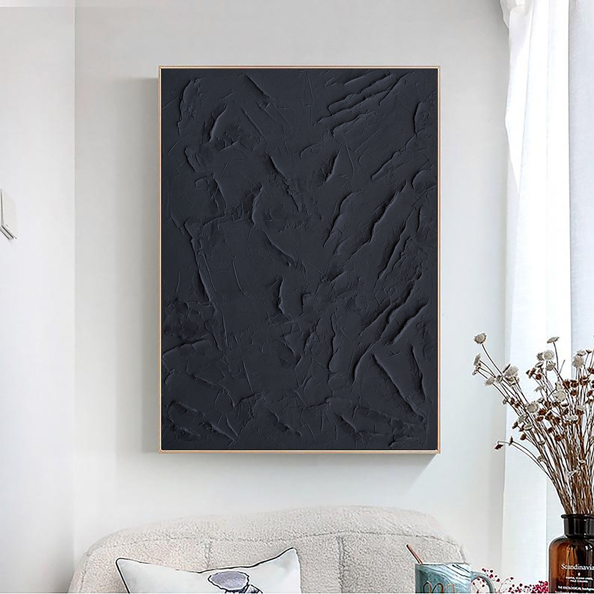 Black Minimalist Textured Painting Canvas #MZ029 - Modern Abstract Wall Art for Living Room, Bedroom & Office Decor