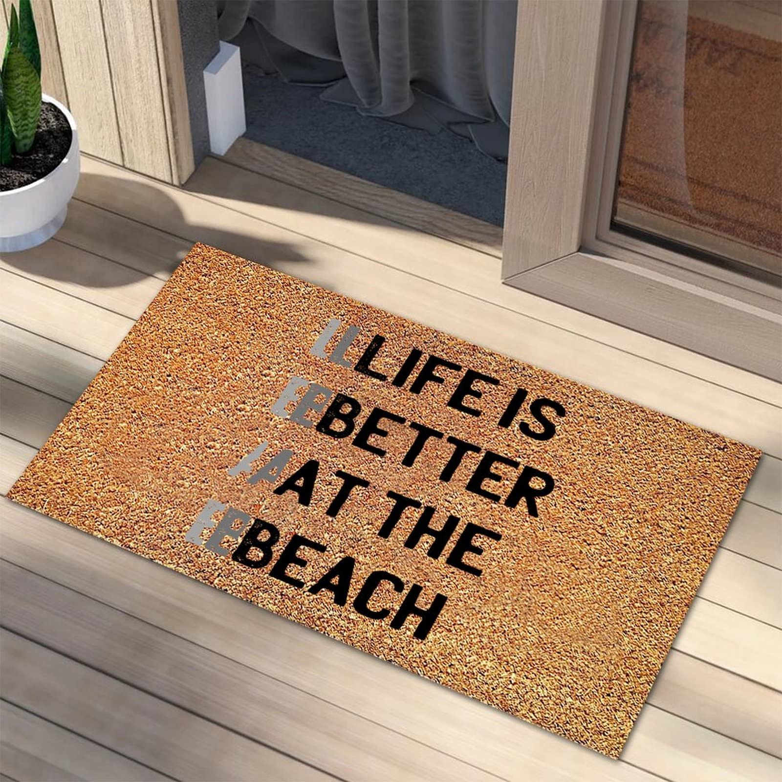 Life is Better at The Beach Coir Doormat 16x24 Inches - Natural Coconut Fiber Entryway Mat with Inspirational Quote, Retro Style for Front Door, Porch, Patio & Beach House Decor - Perfect Housewarming Gift
