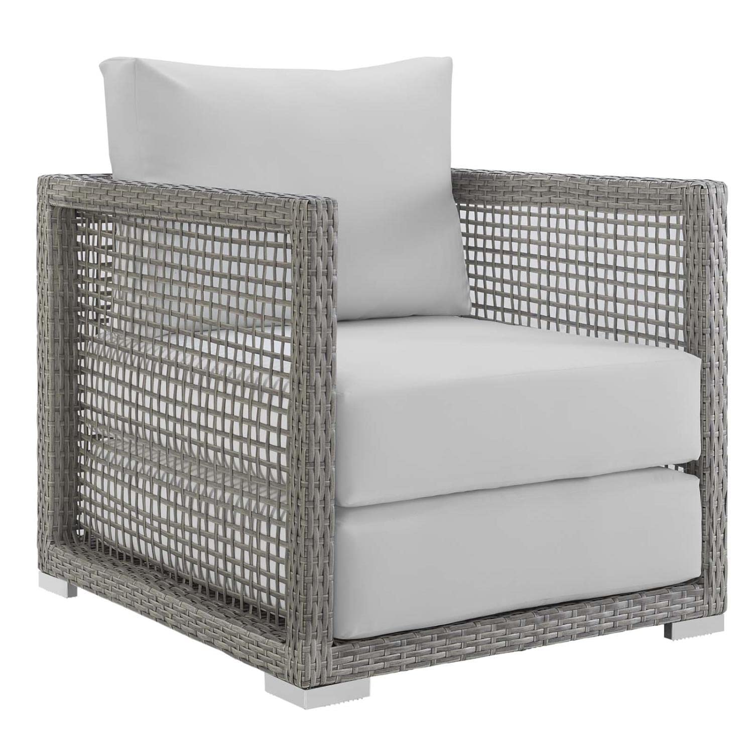 Modway Aura Wicker Rattan Outdoor Patio Arm Chair with Cushions - Gray White Water-Resistant Lounge Chair for Garden, Poolside & Backyard Relaxation