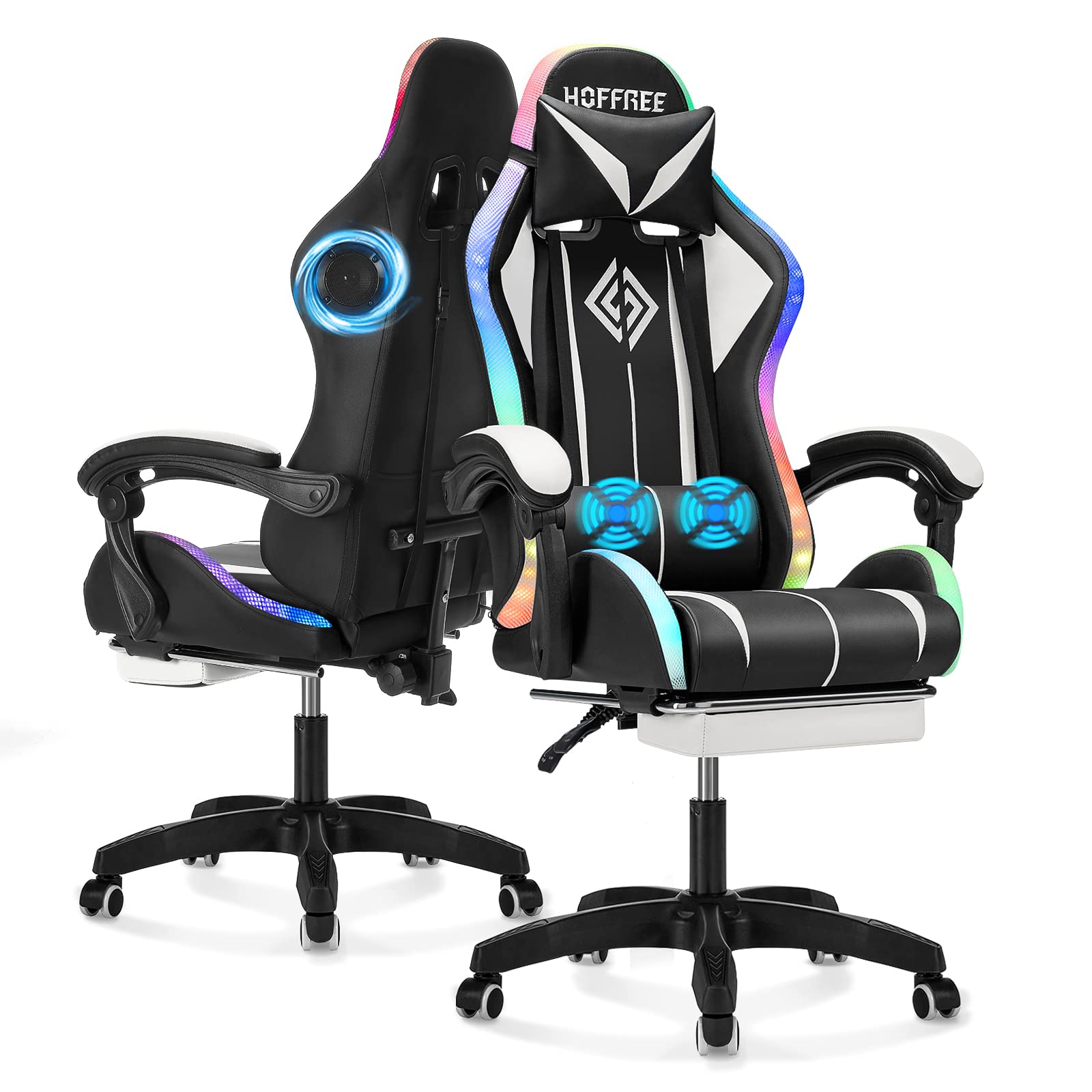 Ergonomic Gaming Chair with Built-in Speakers, RGB LED Lights & Massage - High Back Computer Chair with Adjustable Lumbar Support & Footrest - Perfect for PC Gaming, Streaming & Home Office (White & Black)