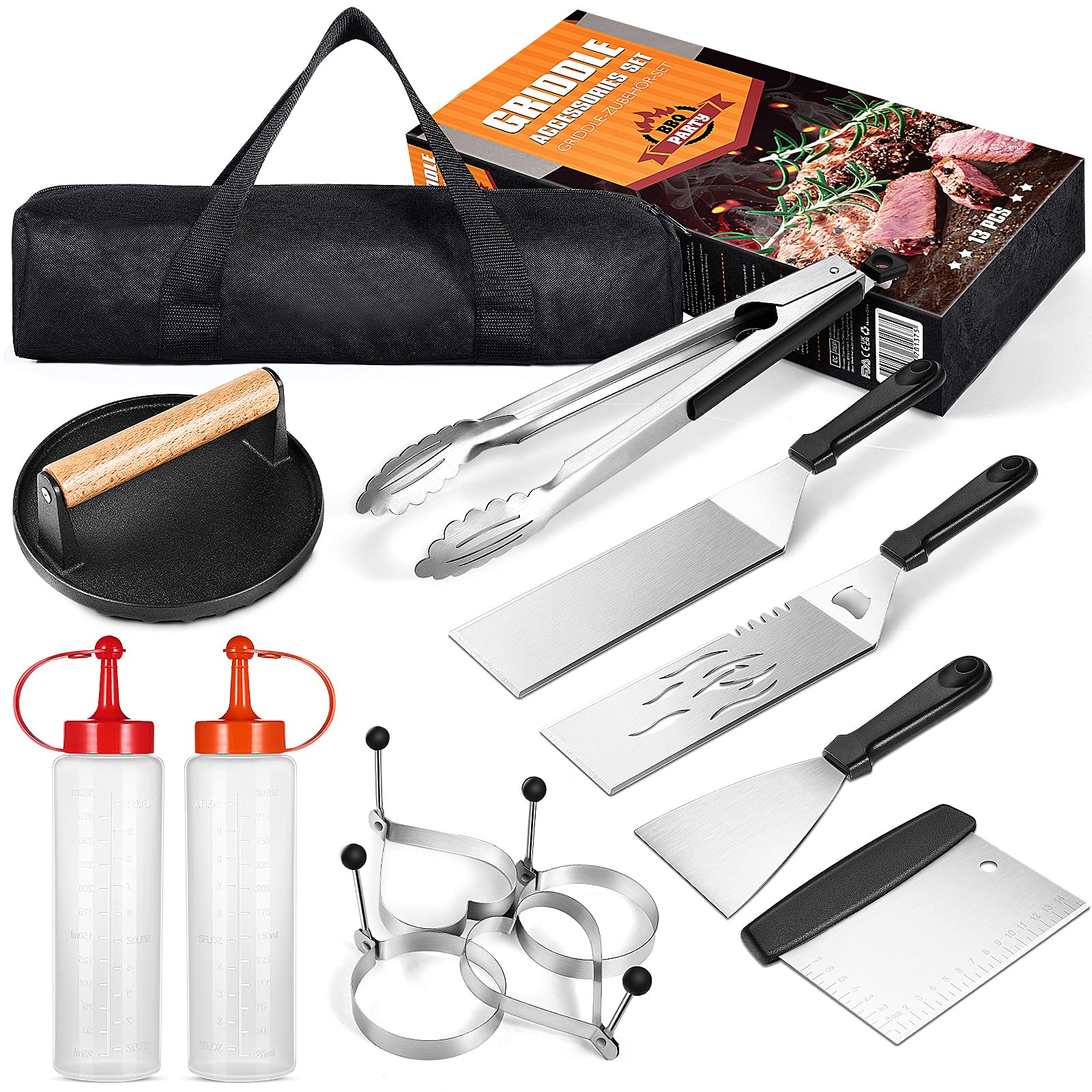 iFUNDOM 13-Piece Griddle Accessories Kit - Stainless Steel BBQ Tools Set with Spatula & Scraper for Flat Top Grill - Perfect for Outdoor Cooking, Camping & Backyard BBQs (Gift for Men & Women)