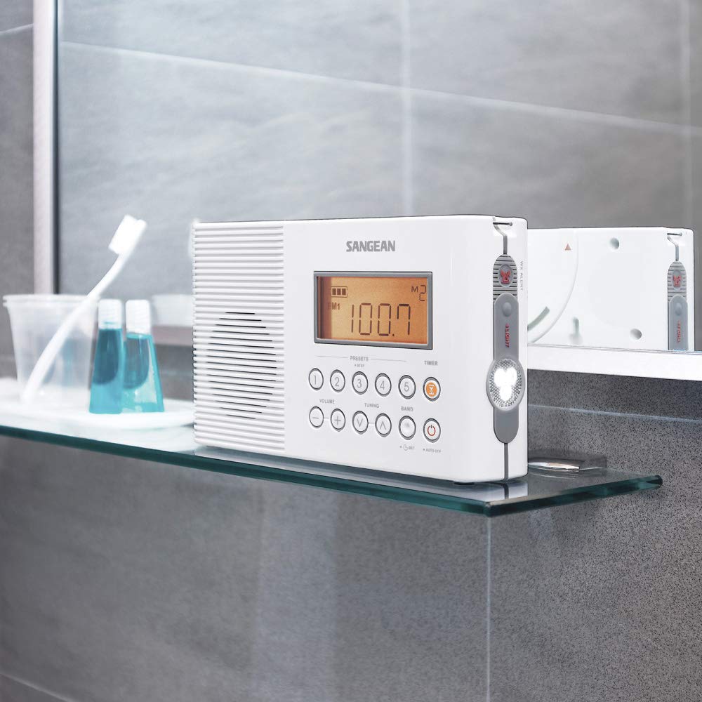 Sangean H201 Waterproof Shower Radio - AM/FM Portable Weather Alert Radio with White Finish | Perfect for Bathroom, Poolside & Outdoor Activities