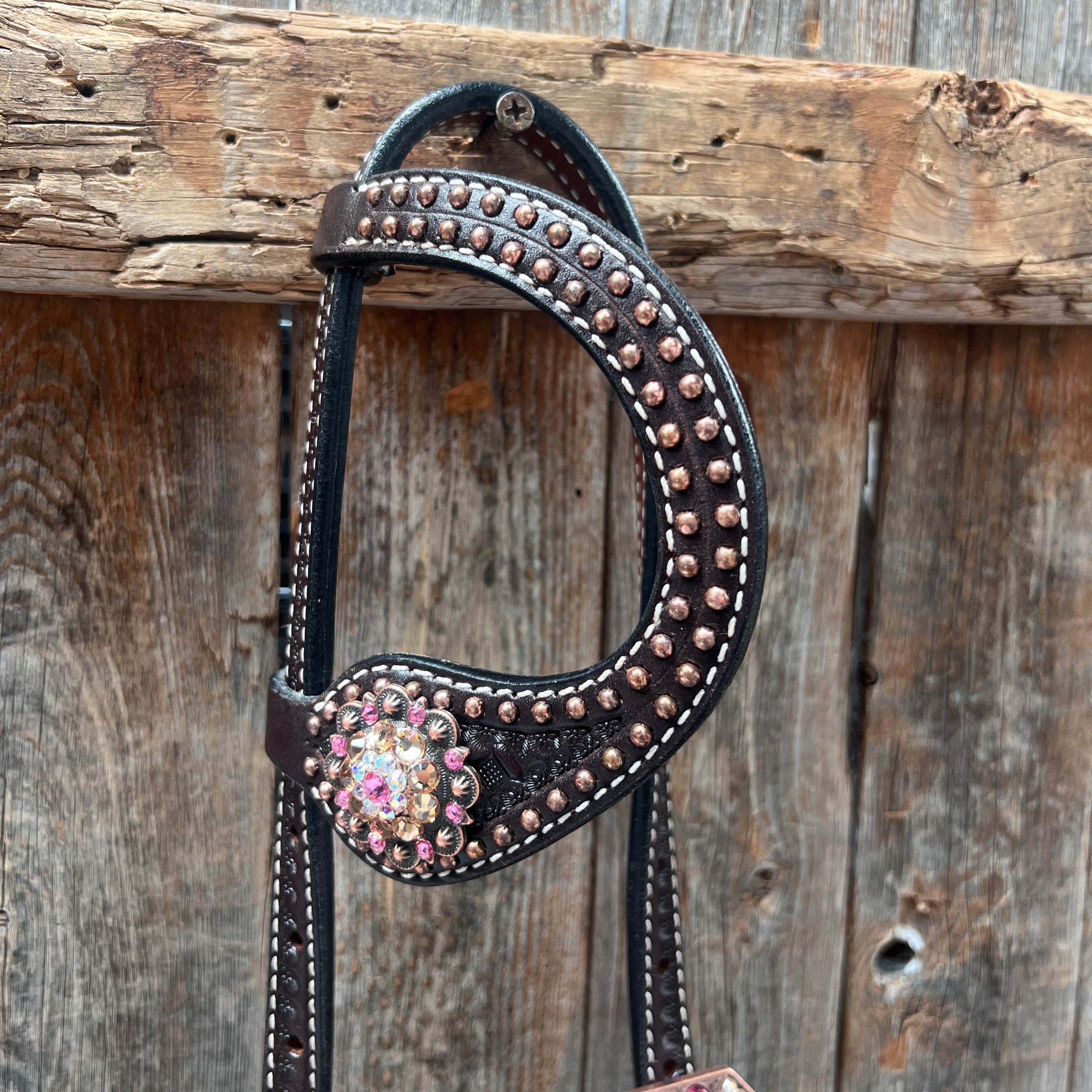 Premium Dark Oil Honeycomb Copper Dot Browband & Breastcollar Tack Set - Elegant Copper Pink & Champagne Equestrian Gear for Dressage & Show Jumping | BBBC614