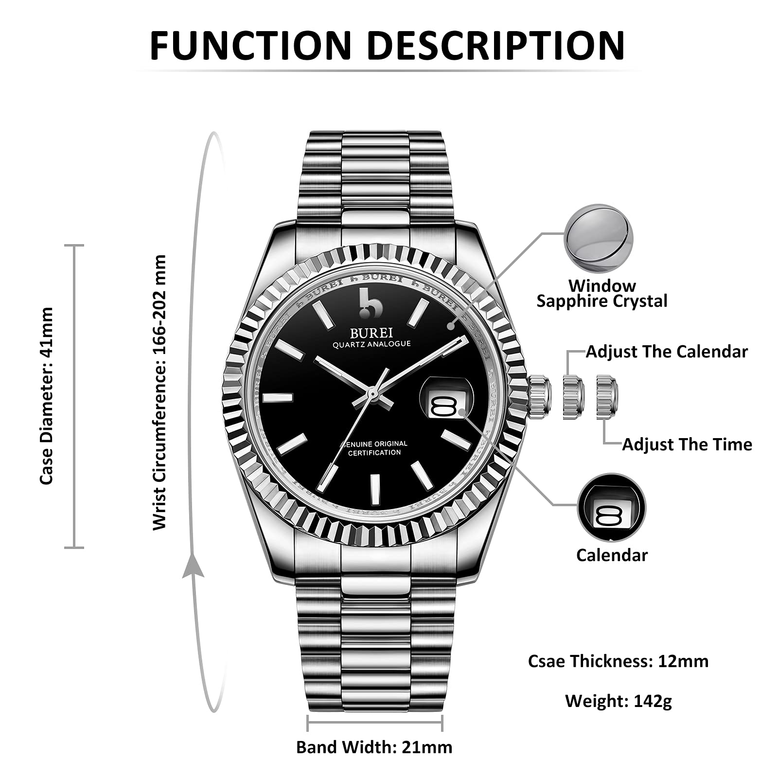 BUREI Luxury Men's Watches - Stainless Steel Analog Business Fashion Waterproof Watch for Men - Perfect Gift for Him - Ideal for Office, Formal Events & Everyday Wear