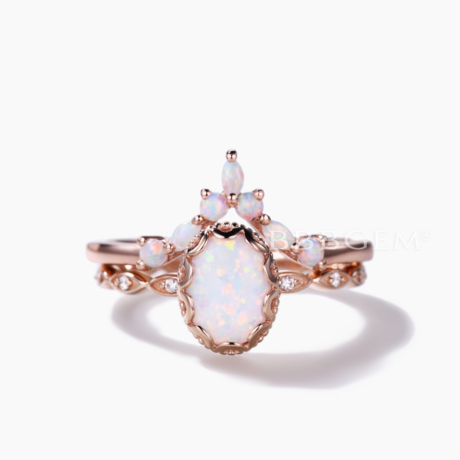 14K Rose Gold Oval Opal and Diamond Bridal Ring Set - Elegant Curved Wedding Band for Women, Perfect Anniversary Gift for Her | Ideal for Engagement, Wedding Ceremony & Romantic Occasions