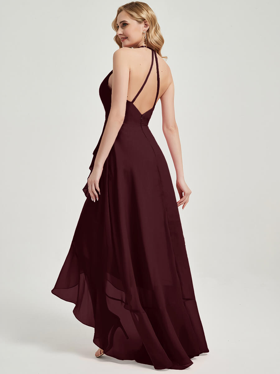 Burgundy Halter V-Neck Backless High-Low Maxi Chiffon Bridesmaid Dress for Wedding Party, Formal Events & Evening Occasions