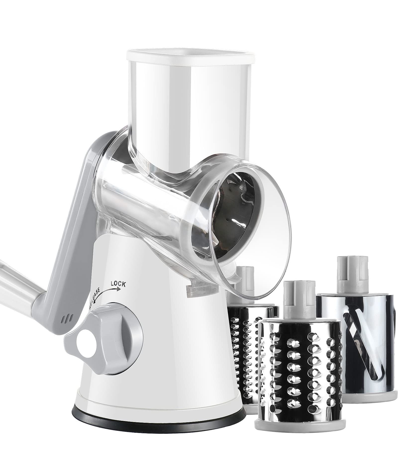 Premium Rotary Cheese Grater with Strong Suction Base - 3 Stainless Steel Drum Blades - Hand Crank Vegetable Slicer for Potatoes, Hash Browns & Nuts - White Kitchen Gadget for Effortless Meal Prep & Cooking