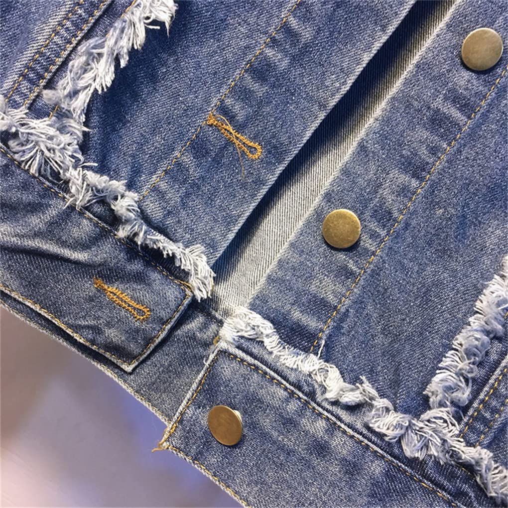 Women's Denim Jacket - Blue Distressed Boyfriend Style Long Sleeve Jean Coat for Fall | Casual Streetwear, Layering & Outdoor Activities