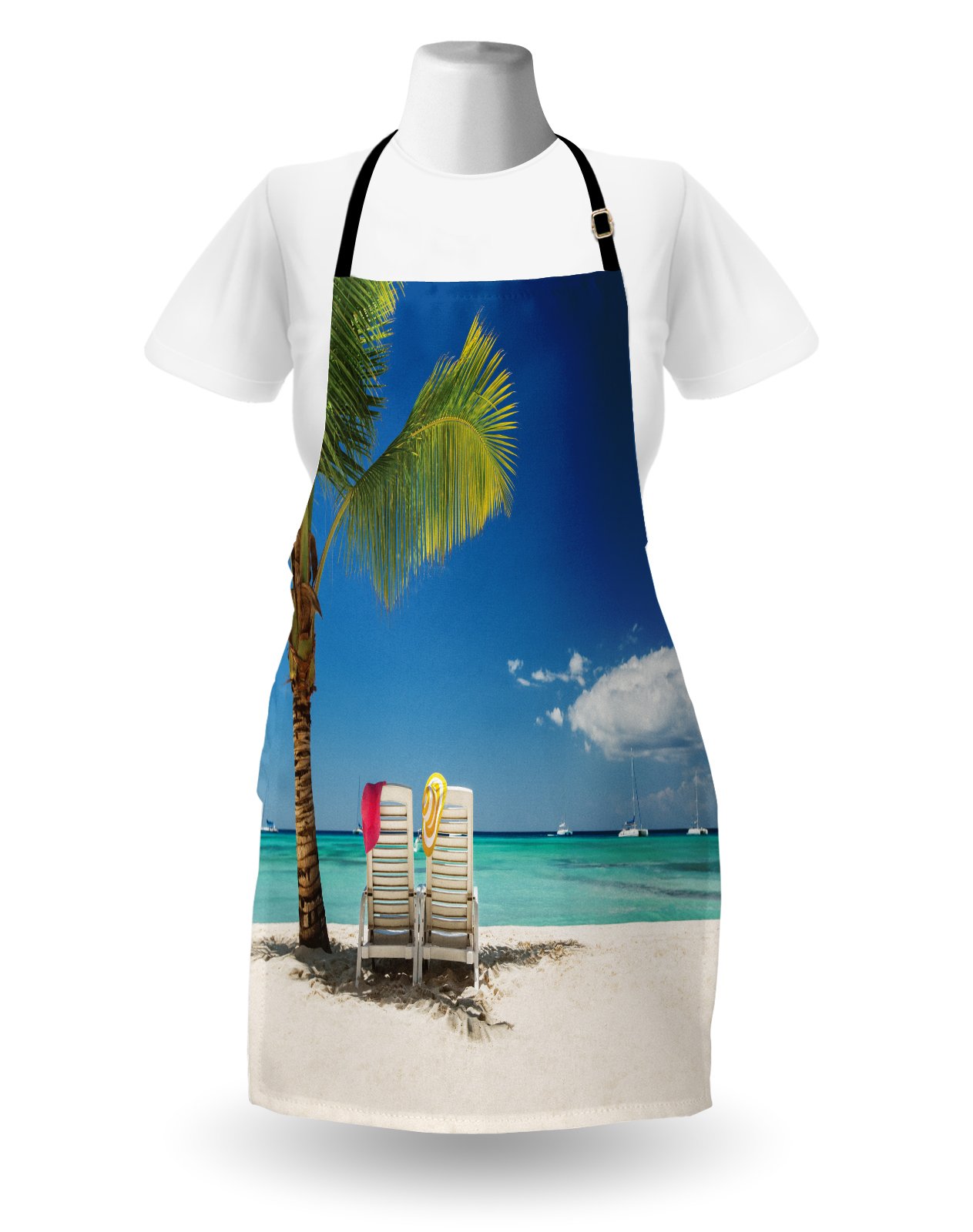 Ambesonne Seaside Apron - Unisex Adjustable Kitchen Bib with Vacation Beach Palm Tree & Boats Panoramic Print, Perfect for Cooking, Baking, Gardening & Outdoor BBQs - Adult Size in Blue Green