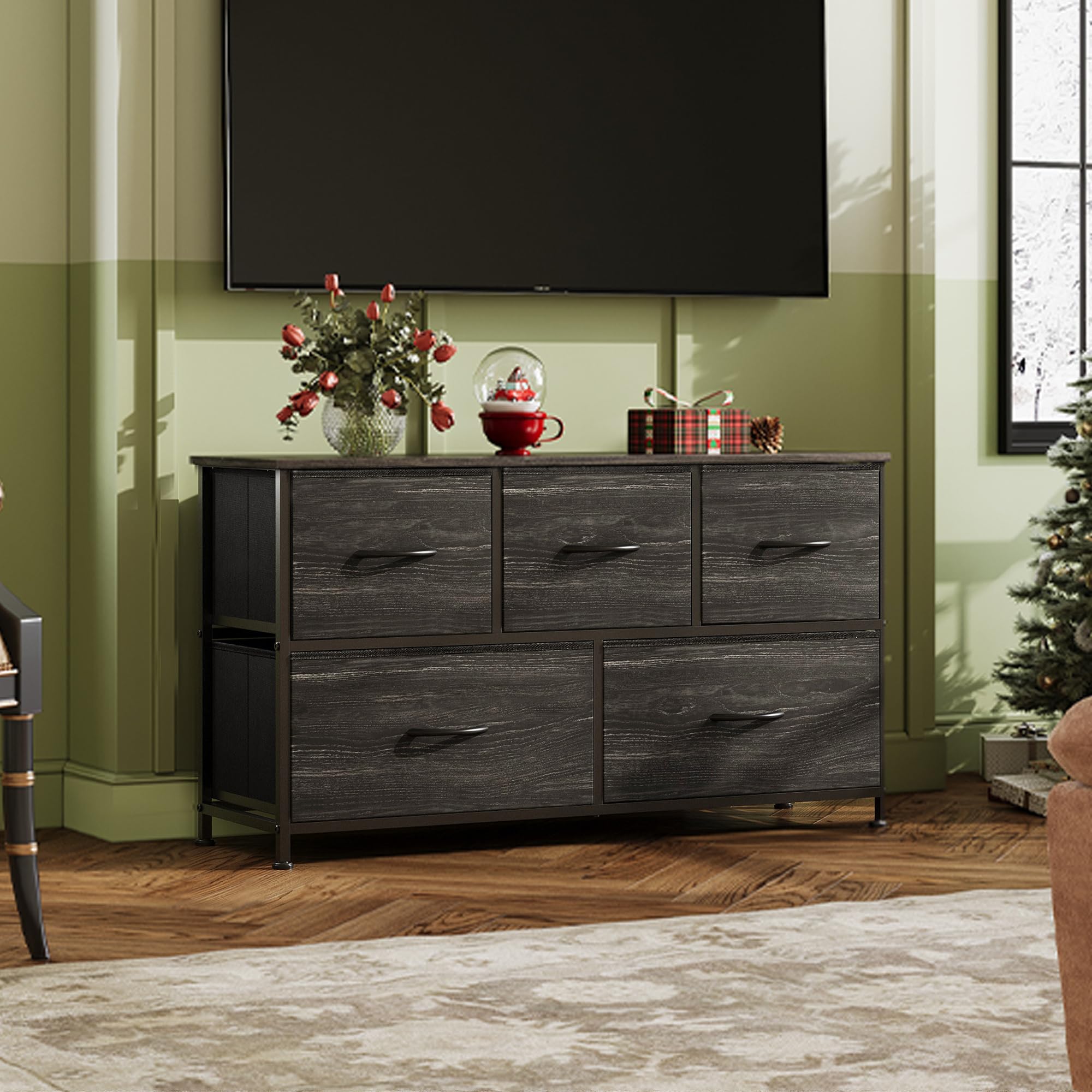 5-Drawer Fabric Dresser for Bedroom Storage - Wide Chest Organizer with Removable Bins - Charcoal Black Wood Grain Print - Perfect for Closet, Living Room & Hallway Organization