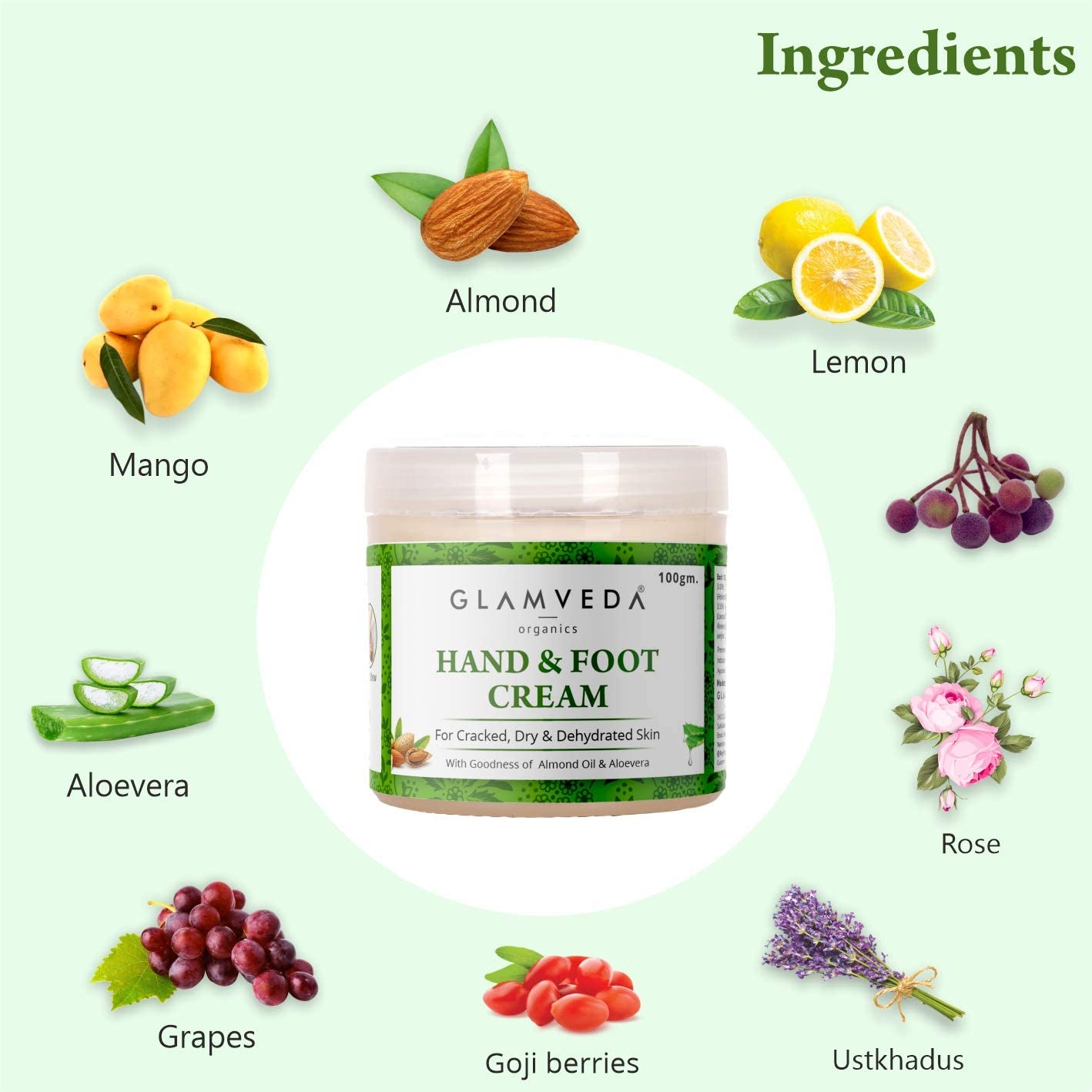 Glamveda Ayurvedic Hand & Foot Crack Cream - 100gm for Dry, Rough Skin & Cracked Heels - Paraben Free with Almond Oil, Aloe Vera & Mango Butter - Deep Moisturizing & Repairing Treatment - Perfect for Winter Care & Overnight Healing