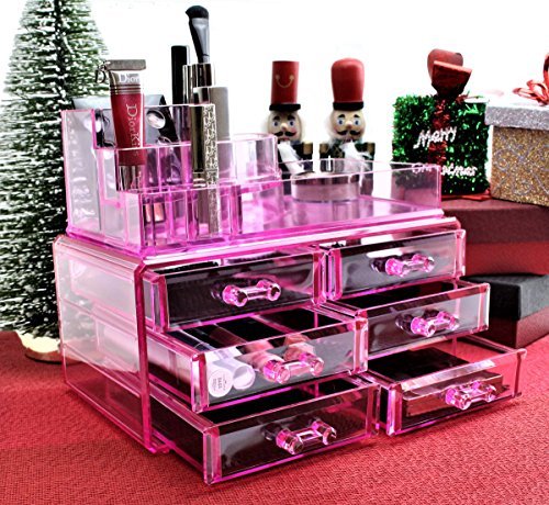 Pink Acrylic Makeup Jewelry Organizer with 6 Drawers & 8 Compartments - Perfect for Cosmetics, Rings & Accessories Storage - Great Christmas & Birthday Gift Idea for Women - Ideal for Vanity, Dressing Table & Bathroom Organization