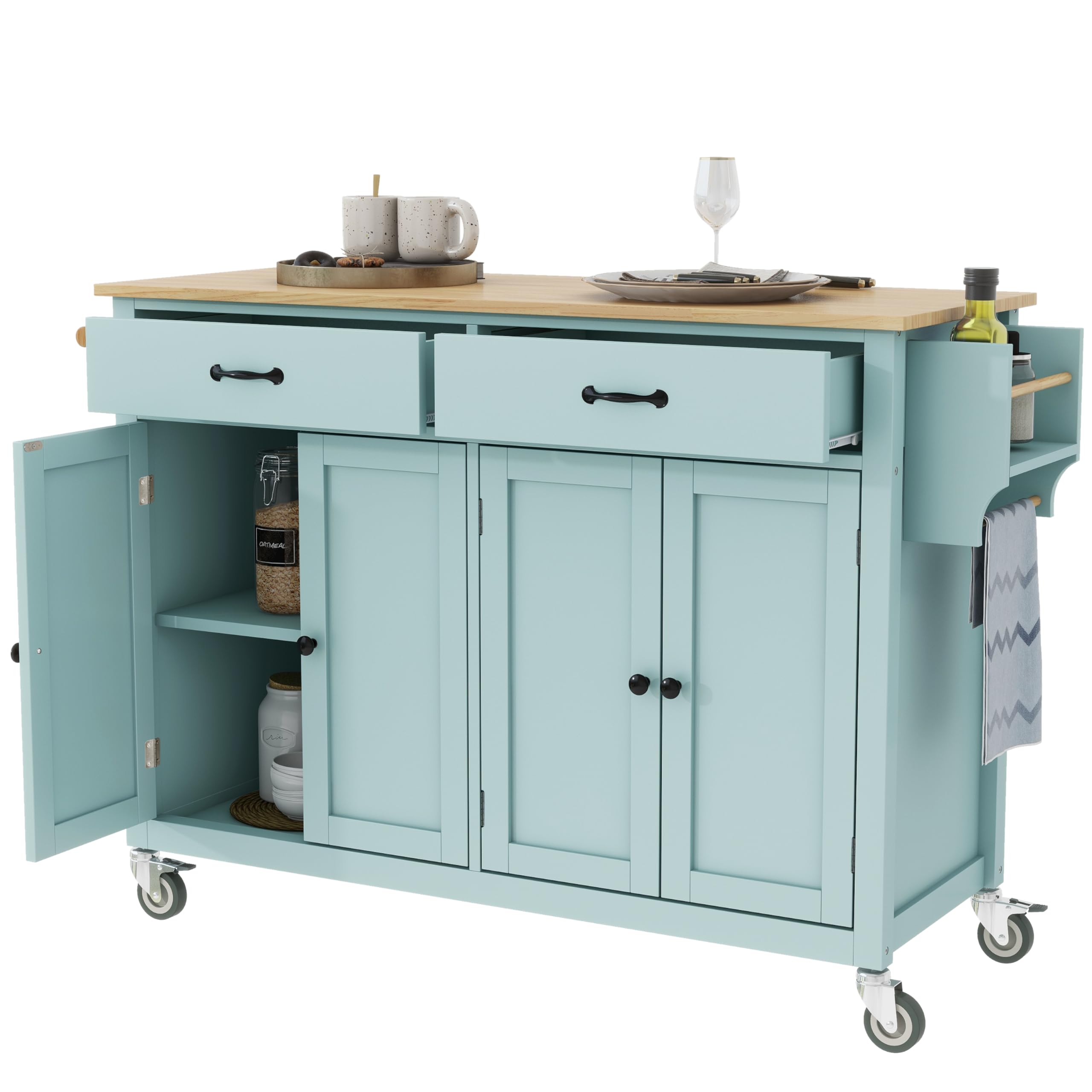 Large Rolling Kitchen Island with Storage Cabinets & 2 Drawers, Solid Wood Top, Mint Green - Perfect for Dining Room & Small Kitchen Spaces
