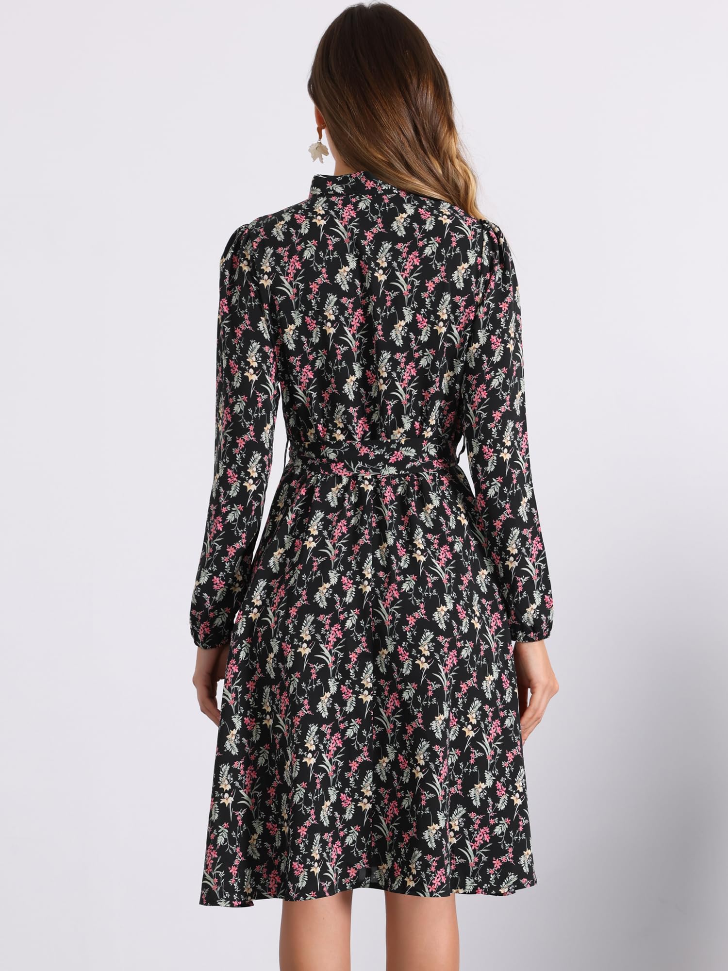 Allegra K Women's Vintage Floral Chiffon Dress with Tie Neck, Long Sleeves & Belt - Elegant Office Wear, Wedding Guest Dress & Spring Party Outfit