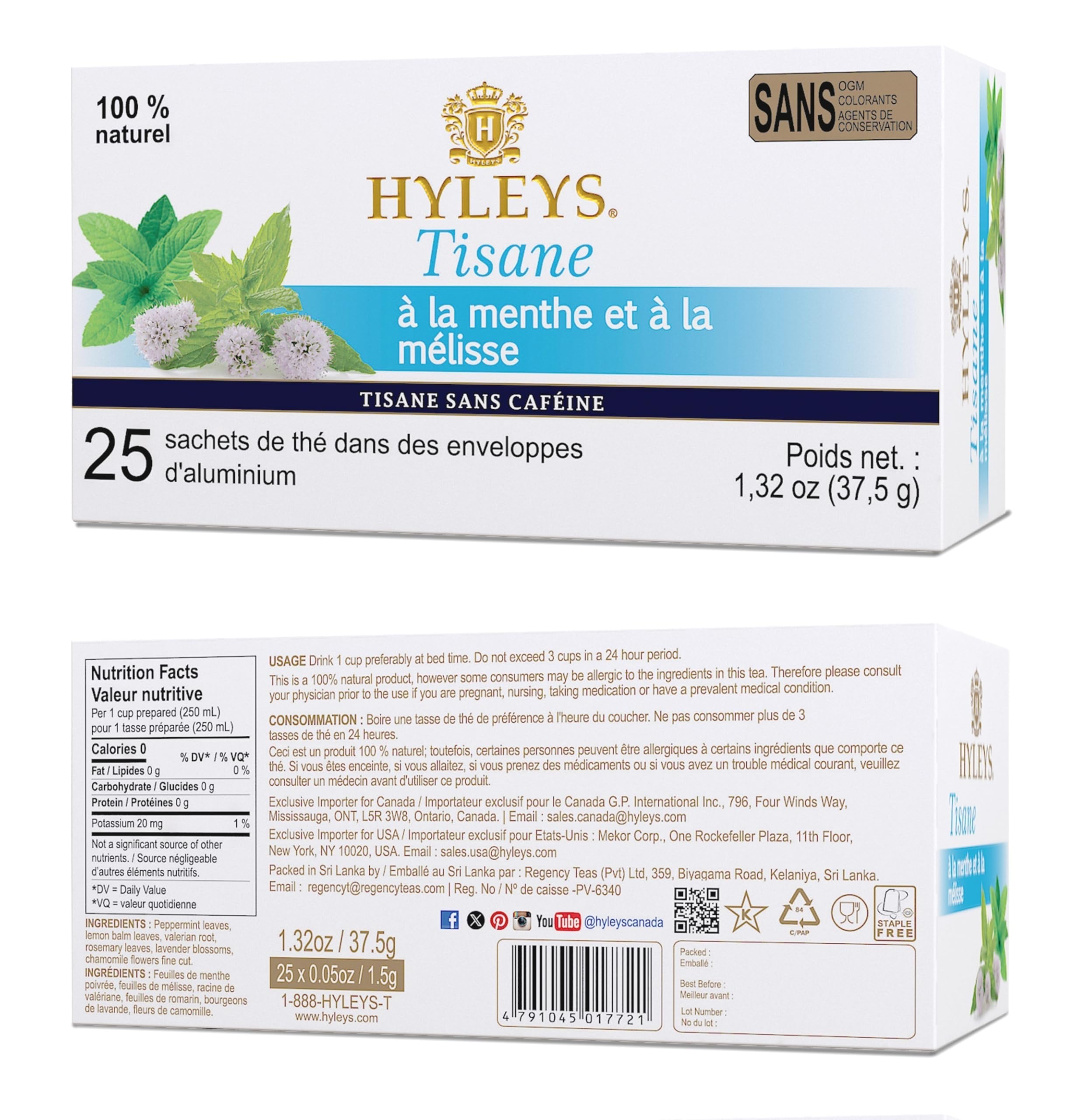 Hyleys Sleep Lemon Balm Herbal Tea - Relaxing Caffeine-Free Evening Tea for Stress Relief & Better Sleep - 100% Natural, Non-GMO, Gluten-Free, Dairy-Free, Sugar-Free - 25 Tea Bags - Perfect for Bedtime, Meditation & Relaxation